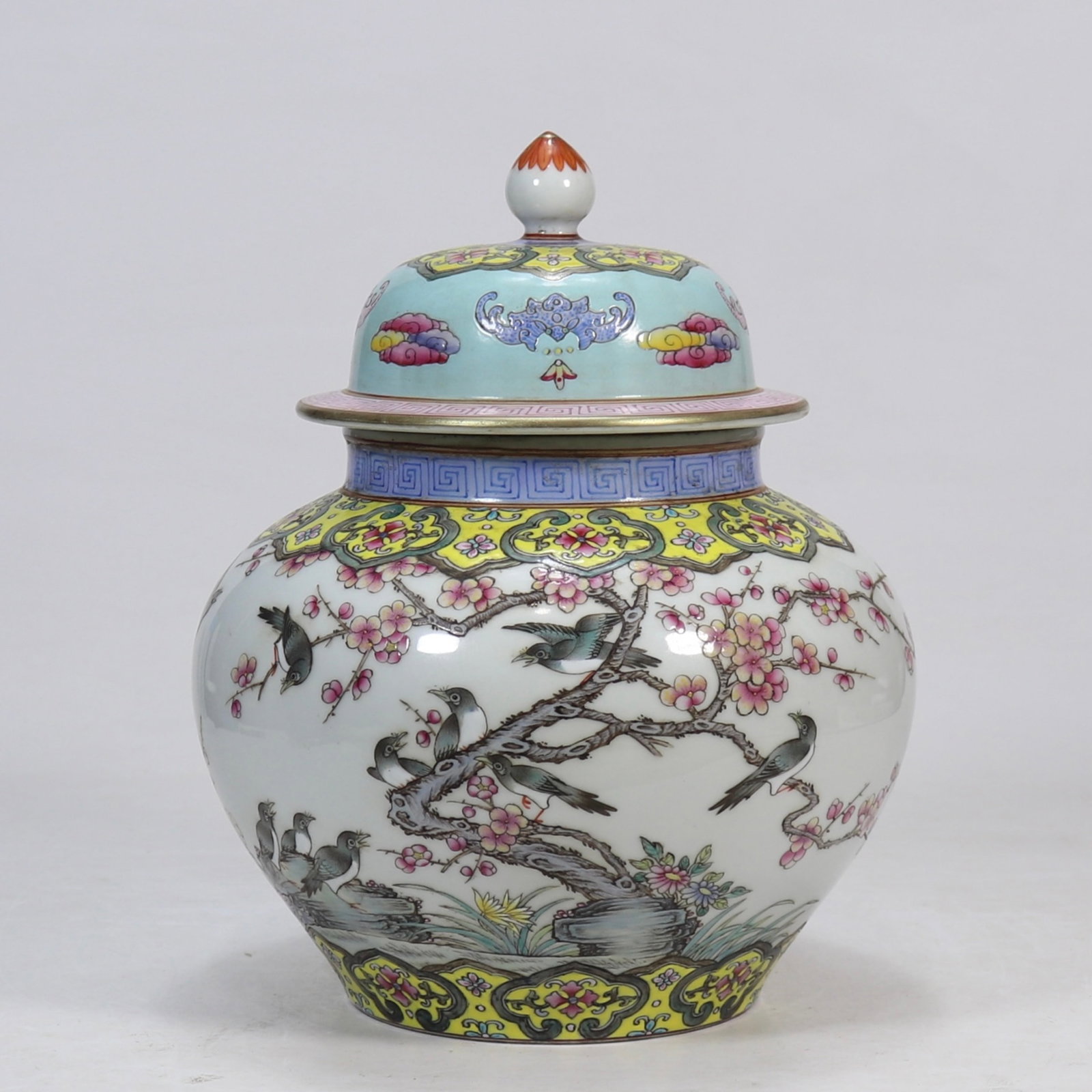 An Exquisite Famille-Rose Flower and Bird Pattern Jar with Cover,with poem: An Exquisite Famille-Rose Flower and Bird Pattern Jar with Cover,with poem,Qing Dynasty,China,Qianlong Six-character Mark,Size:9.8inx4.7in 粉彩花鸟纹盖罐,