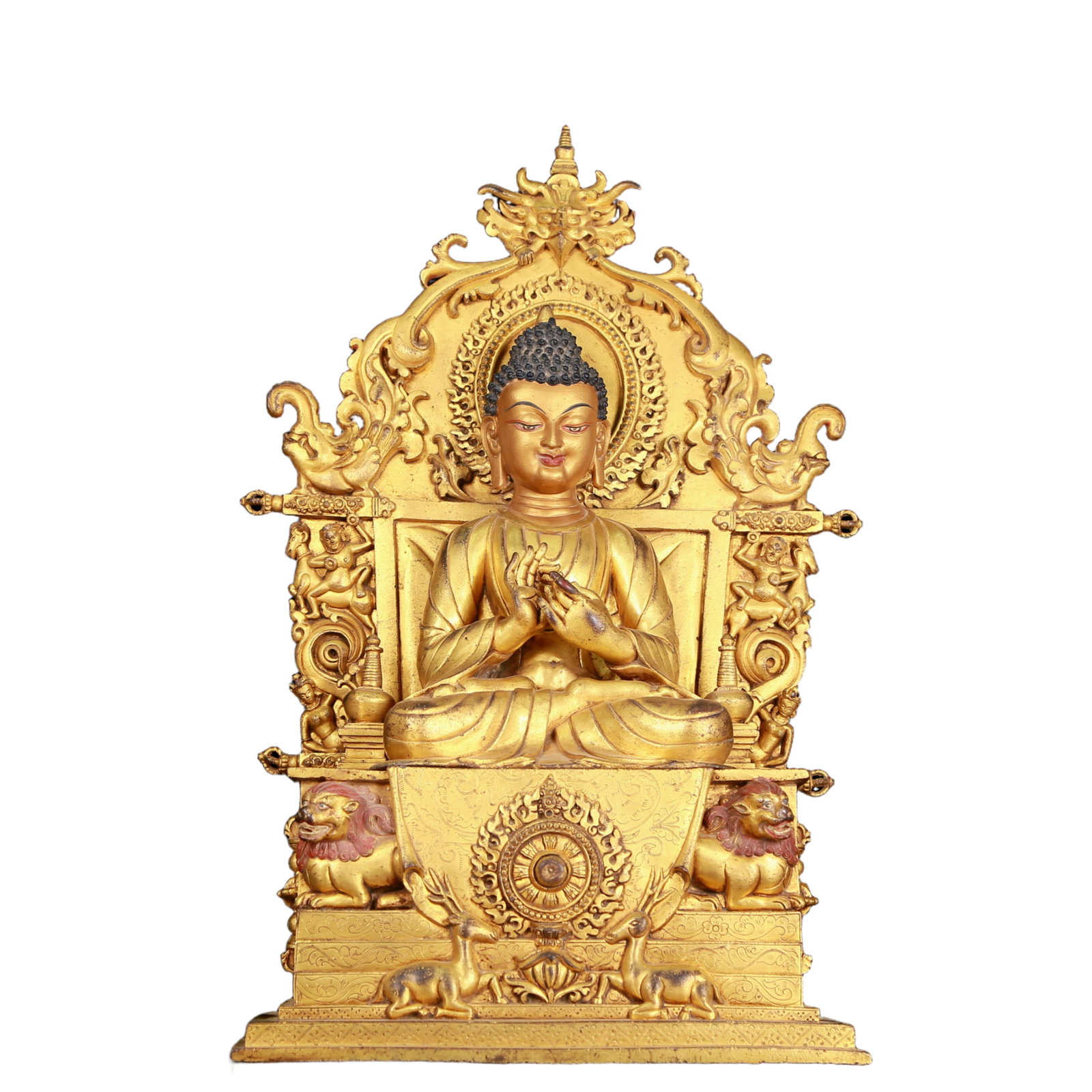 A huge gilt bronze statue of Sakyamuni: A large gilt bronze statue of Sakyamuni with inscription, Ming Dynasty, China. The face of the Buddha has a calm, kind and serene expression, and the hands and fingers show beautiful lines and proport