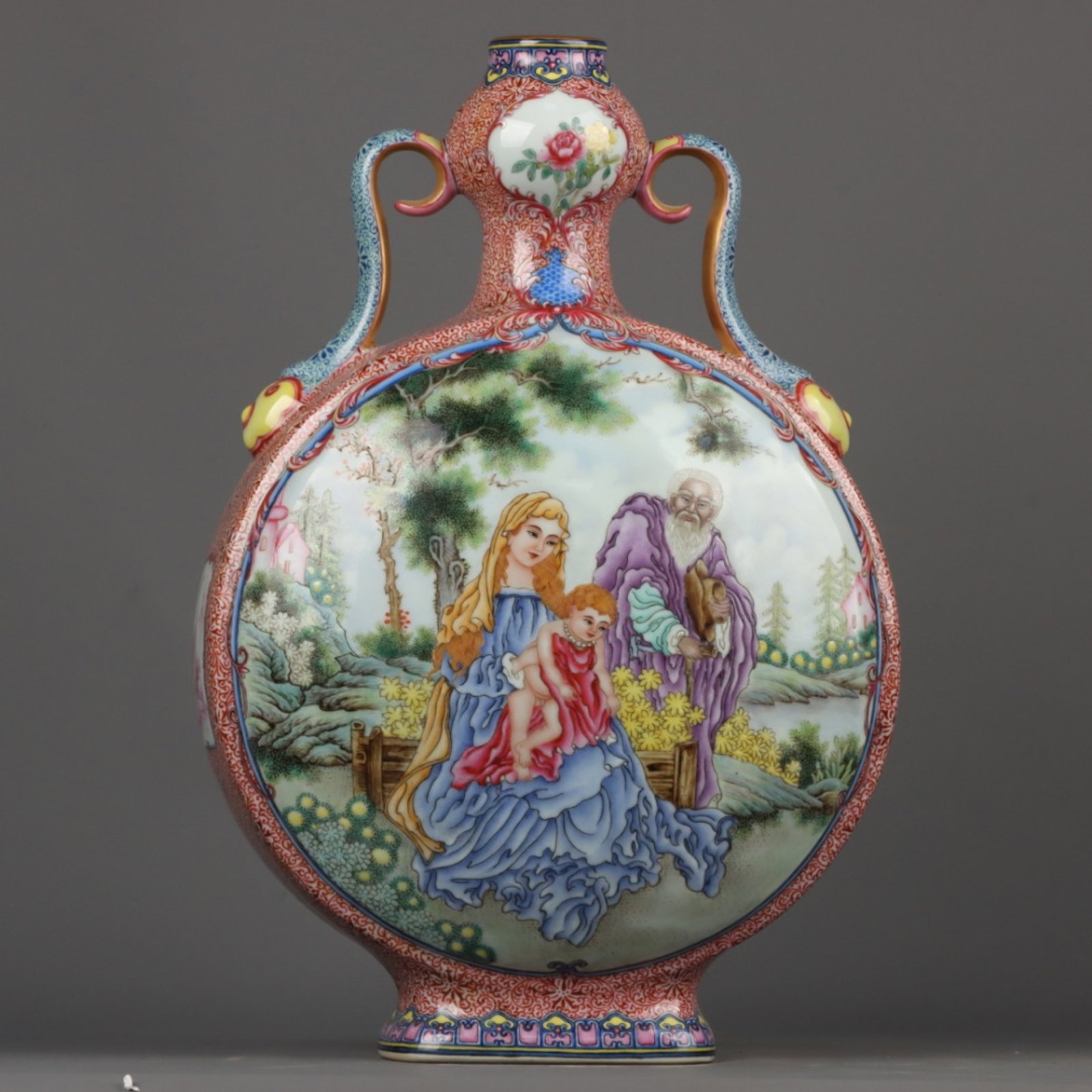 A Huge Enamel Character and Story Pattern Double-Ears Vase: A Huge Enamel Character and Story Pattern Double-Ears Vase,Qing Dynasty,China,Qianlong Six-character Mark,Size:16.3inx10.8in 珐琅彩人物故事纹双