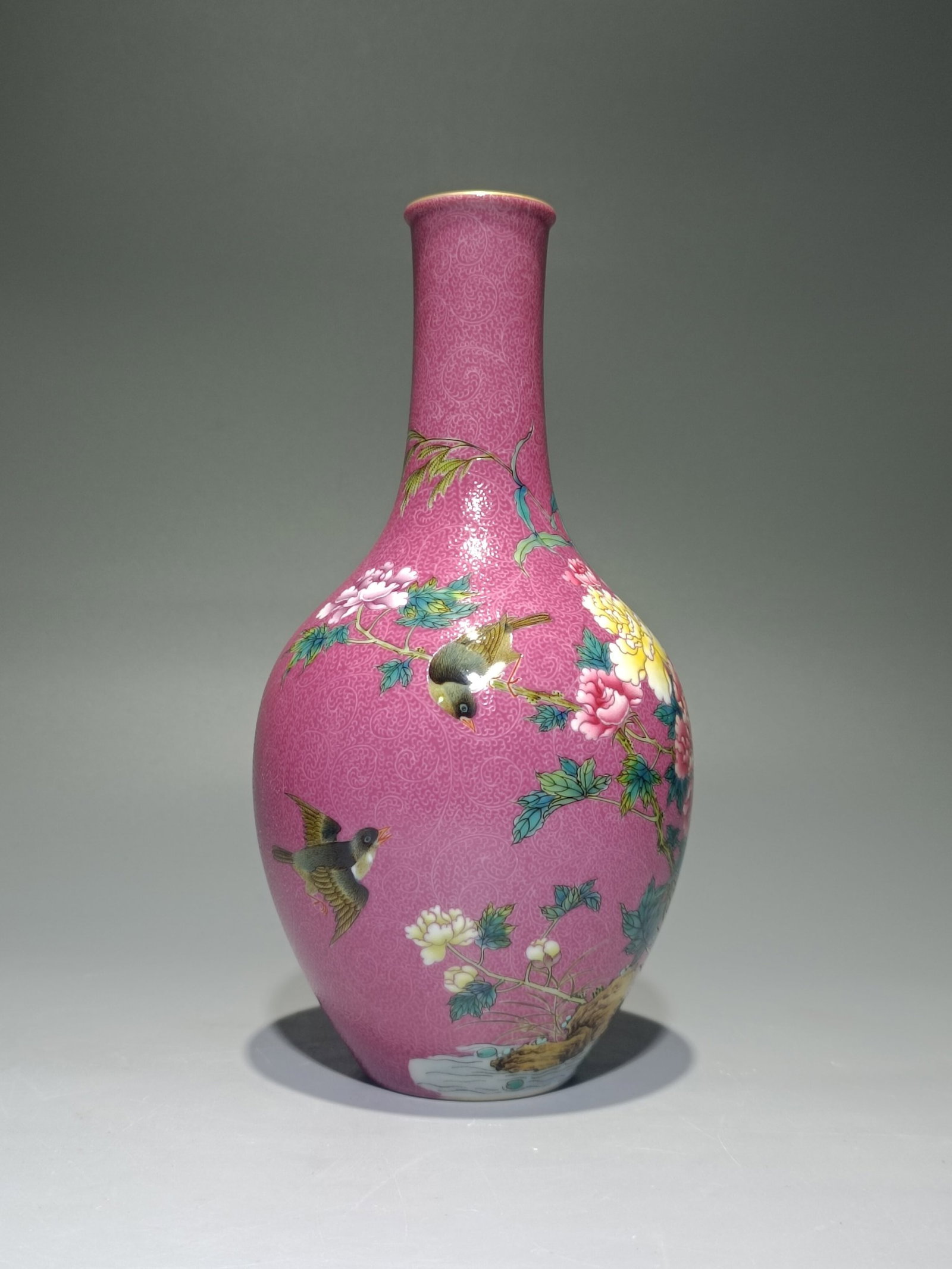 An Exquisite Purple Groud Enamel Flower and Bird Pattern Vase,with poem: An Exquisite Purple Groud Enamel Flower and Bird Pattern Vase,with poem,Qing Dynasty,China,Yongzheng Four-character Mark,Size:8.1inx4.1in 紫地珐琅彩花鸟ಬ