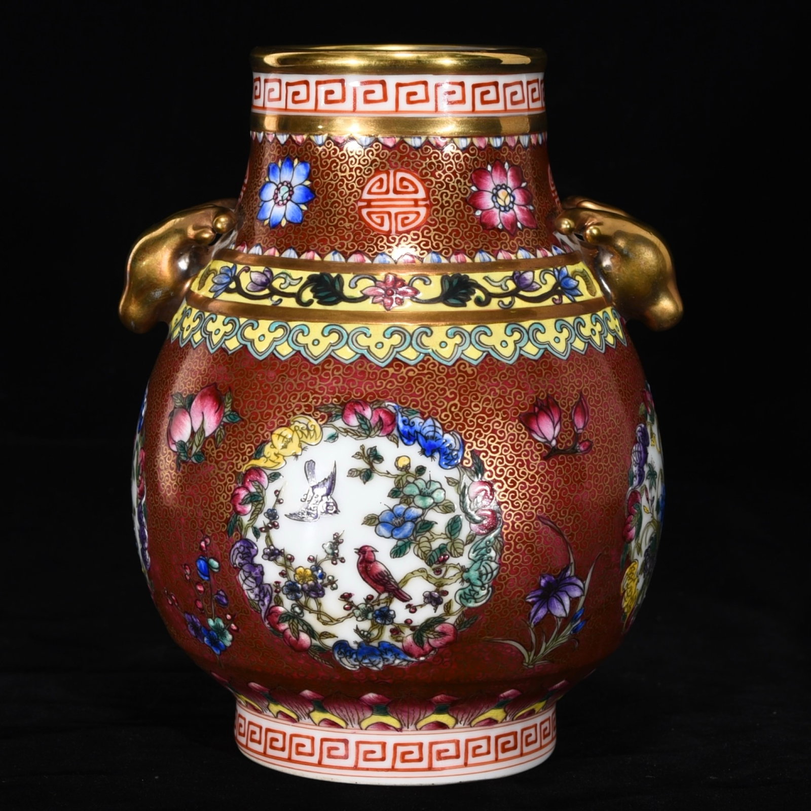 An Exquisite Famille-Rose Gilt Flower and Bird Pattern Deer-Ears Vase: An Exquisite Famille-Rose Gilt Flower and Bird Pattern Deer-Ears Vase,Qing Dynasty,China,Qianlong Six-character Mark,Size:8inx5.9in 粉彩鎏金花鸟纹鹿 