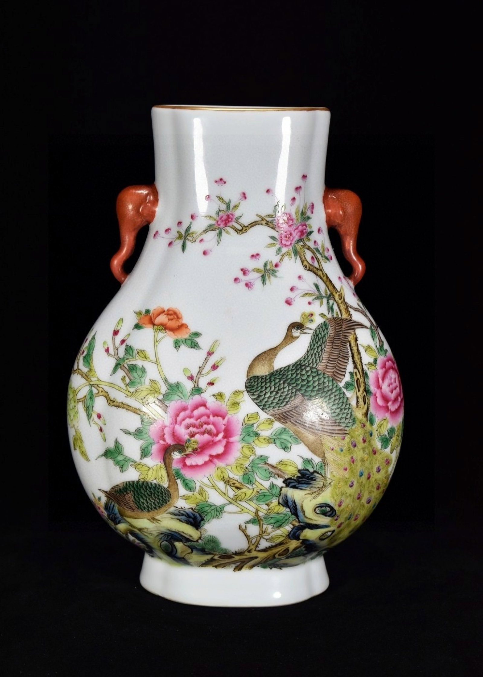 A Rare Famille-Rose Painted Gold Flower and Bird Pattern Elephant-Ears Vase,with poem: A Rare Famille-Rose Painted Gold Flower and Bird Pattern Elephant-Ears Vase,with poem,Qing Dynasty,China,Qianlong Six-character Mark,Size:11.8inx7.9in 粉彩描金花鸟&