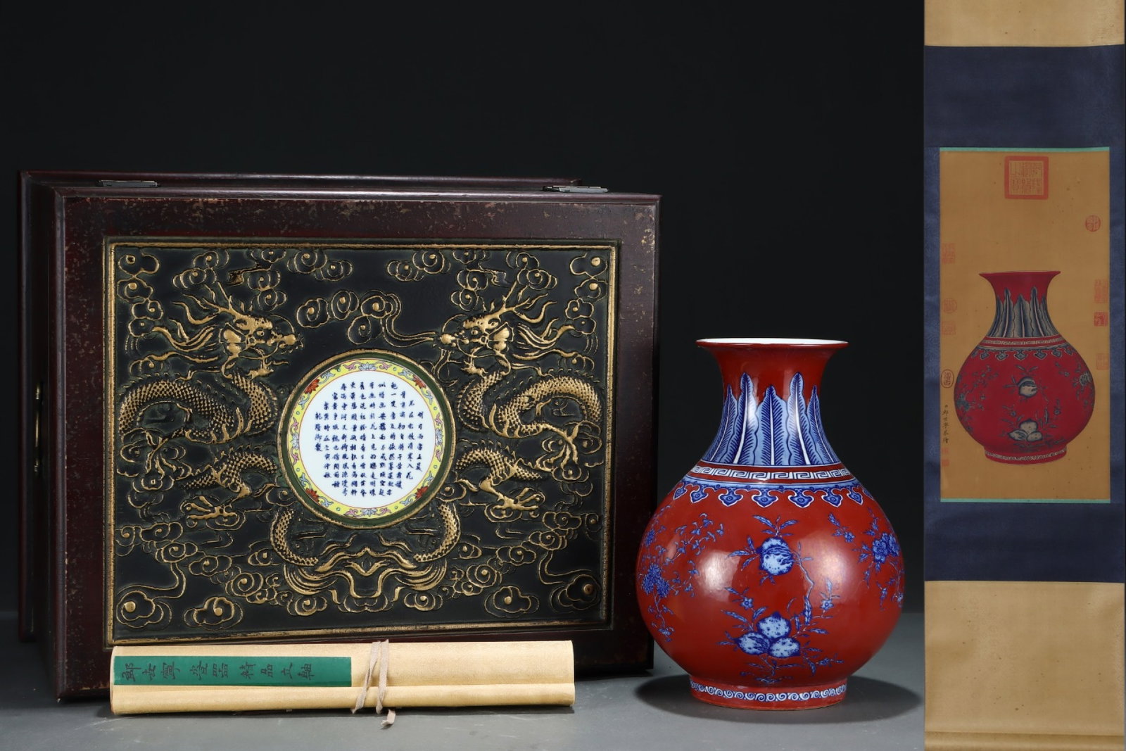 An Exquisite Red Glazed Blue and White Flower and Fruit Pattern Vase,with Chinese Vertical Scroll: An Exquisite Red Glazed Blue and White Flower and Fruit Pattern Vase,with Chinese Vertical Scroll Ink Painting on Silk,Qing Dynasty,China,Qianlong Six-Character Mark,Size:(Without Frame)24inx11.8in,(P