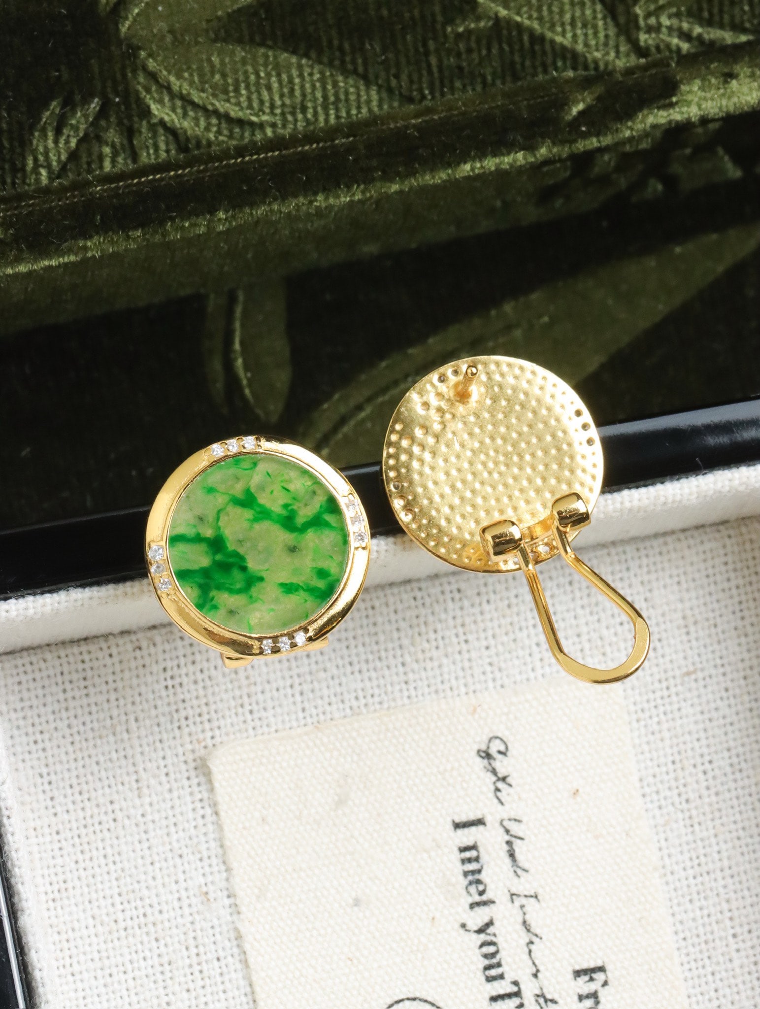A Pair of Exquisite Sterling Silver-Gold Plated Inlaid Jadeite Earrings, Inlaid Diamond (1 of 2)