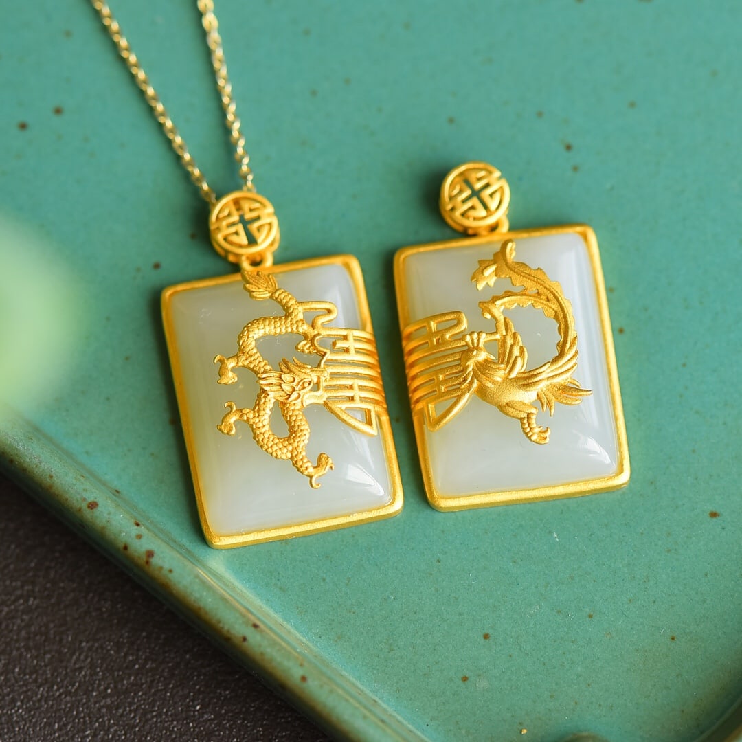 A Pair of Exquisite Sterling Silver-Gold Plated Inlaid White Jade Pendants: A Pair of Exquisite Sterling Silver-Gold Plated Inlaid White Jade Pendants 一对纯银镀金镶白玉吊坠