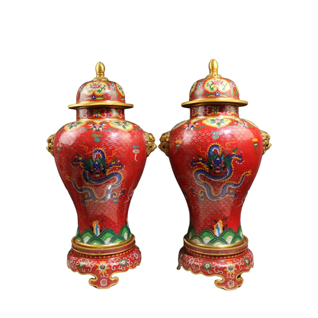 A Pair of Exquisite Gilt Bronze Cloisonne Dragon and Phoenix Pattern Jars with Cover: A Pair of Exquisite Gilt Bronze Cloisonne Dragon and Phoenix Pattern Jars with Cover,Qing Dynasty,China,Qianlong Four-character Mark,Size:23.6inx11.8inx10.2in,Weight:17250g 一对铜