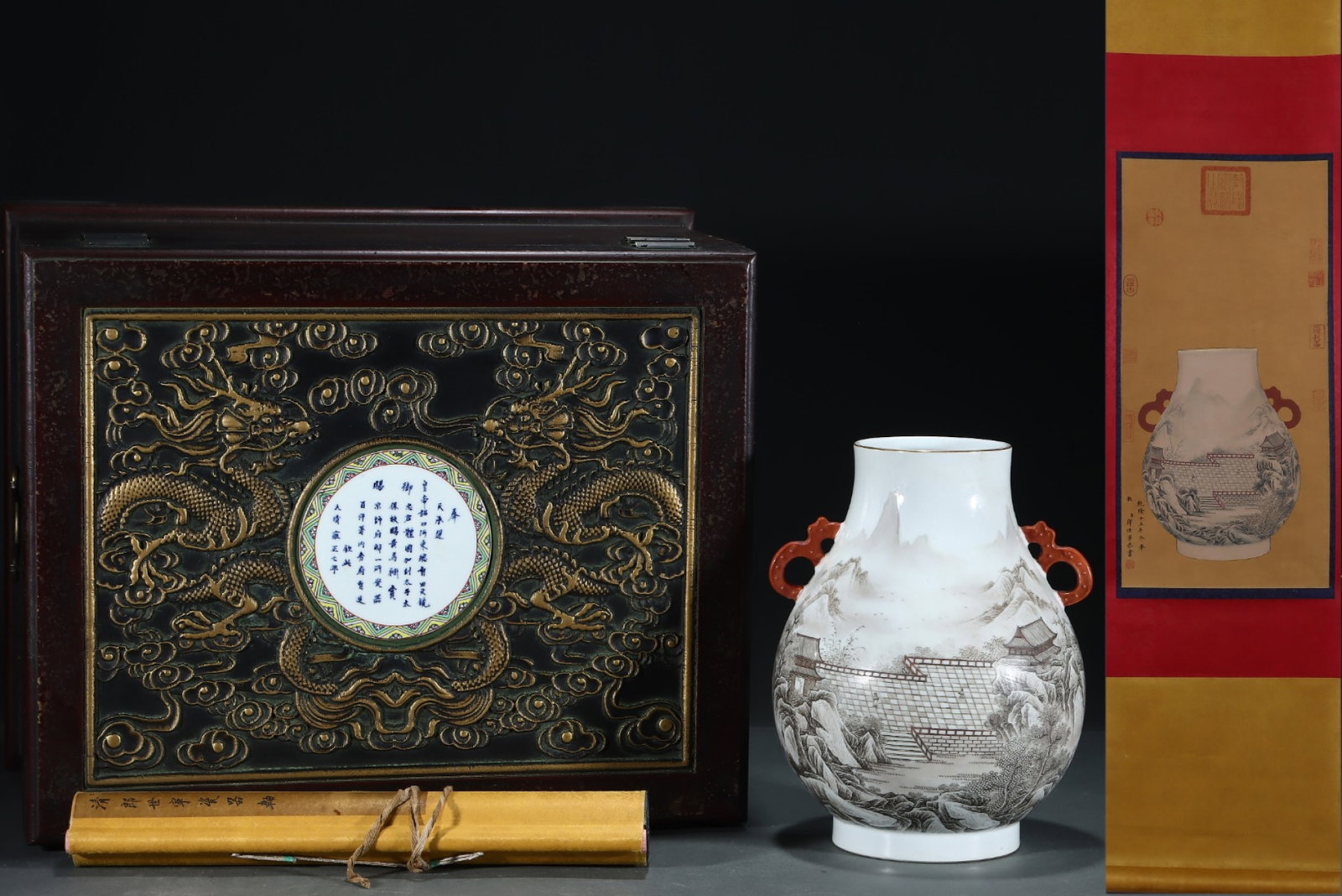 An Exquisite Ink Color Landscape Pattern Double-Ears Vase,with poem,with Chinese Vertical Scroll Ink: An Exquisite Ink Color Landscape Pattern Double-Ears Vase,with poem,with Chinese Vertical Scroll Ink Painting on Silk,Qing Dynasty,China,Yongzheng Six-character Mark,Size:(Without frame)25.6inx12.6in,