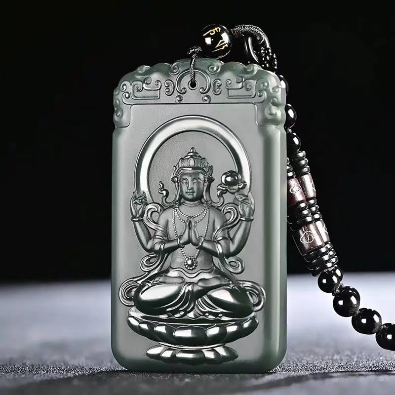 An Exquisite Cyan jade Statue of Four-Arms Avalokitesvara Pendant: An Exquisite Cyan jade Statue of Four-Arms Avalokitesvara Pendant 青玉四臂观音像挂件