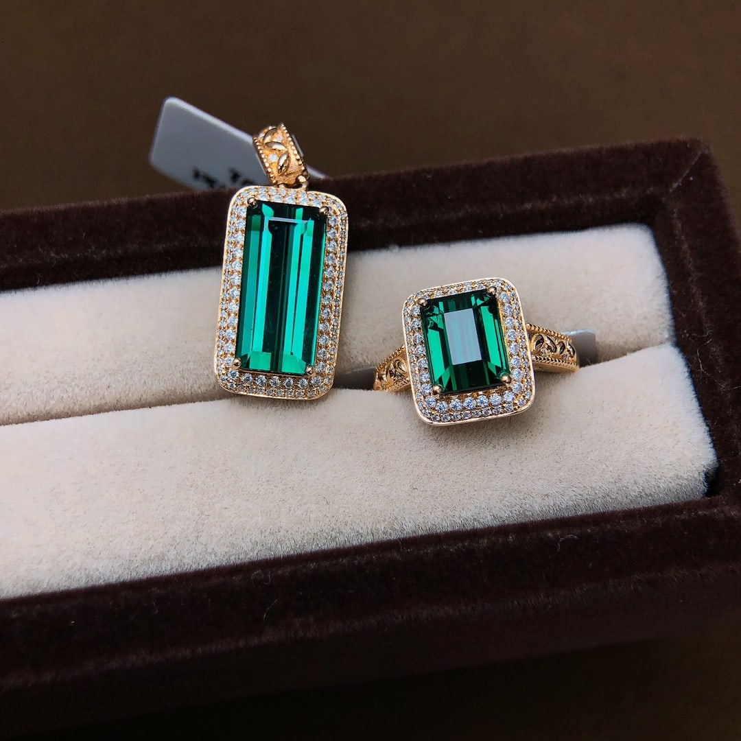 3.11Ctw Natural Tourmaline Ring&5.73Ctw Natural Tourmaline Necklace: 3.11Ctw Natural Tourmaline Ring&5.73Ctw Natural Tourmaline Necklace,Size:(Necklace)0.3inx0.3in,(Ring)0.6inx0.3in