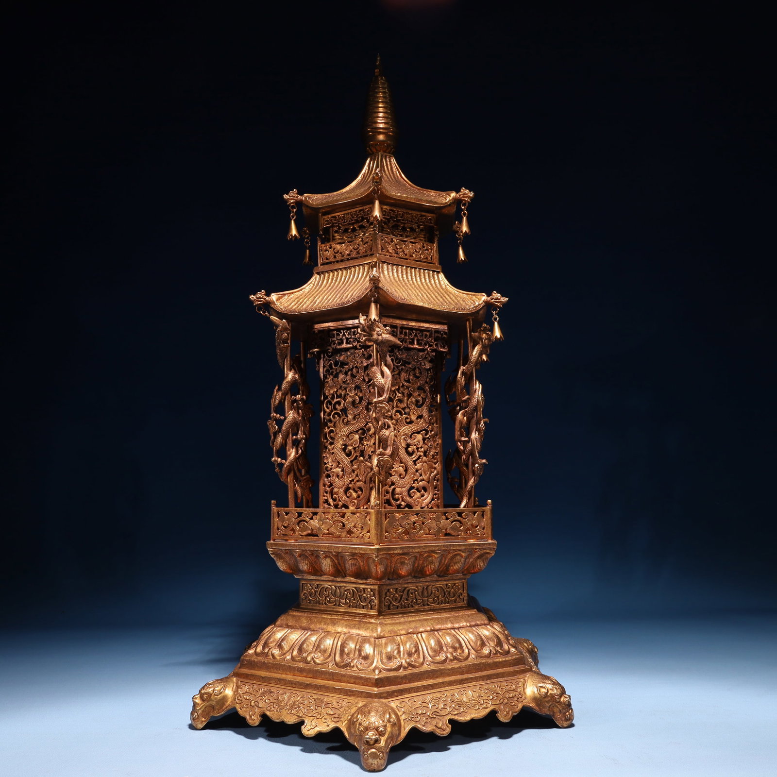 An Exquisite Gilt Bronze Lotus and Dragon Pattern Censer: An Exquisite Gilt Bronze Lotus and Dragon Pattern Censer,Tang Dynasty,China,With Mark,Size:14.2inx14.2inx26in,Weight:8150g