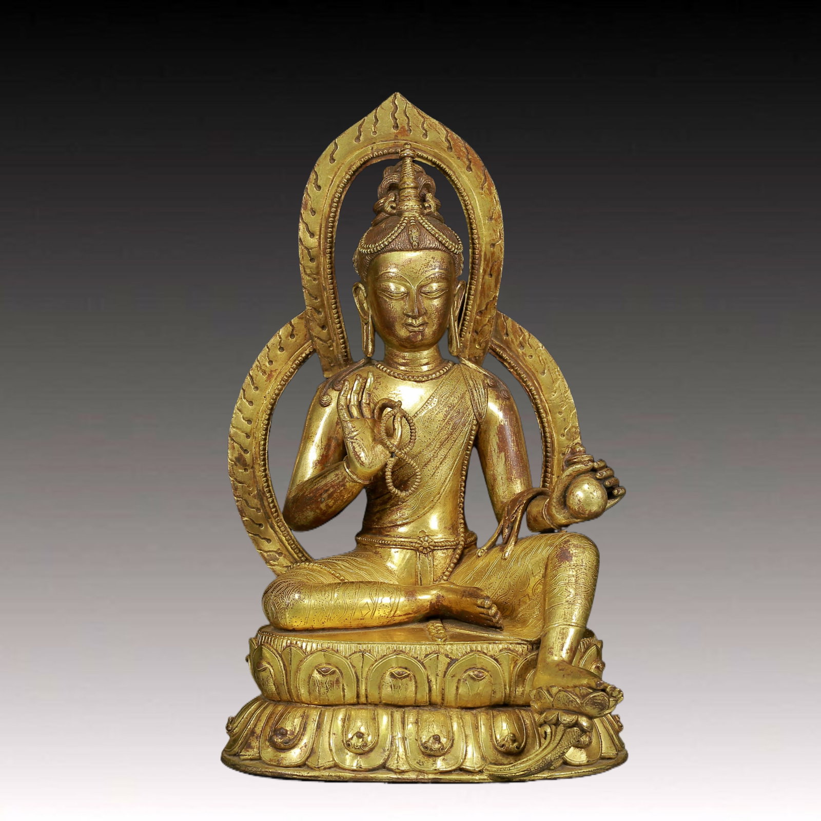 A Solemn Gilt Bronze Statue of Bodhisattva ,With Inscription: A Solemn Gilt Bronze Statue of Bodhisattva ,With Inscription,Ming Dynasty, China,Size: 9.8inx8.7inx16.1in,Weight:9585g 铜鎏金菩萨像，带铭文&