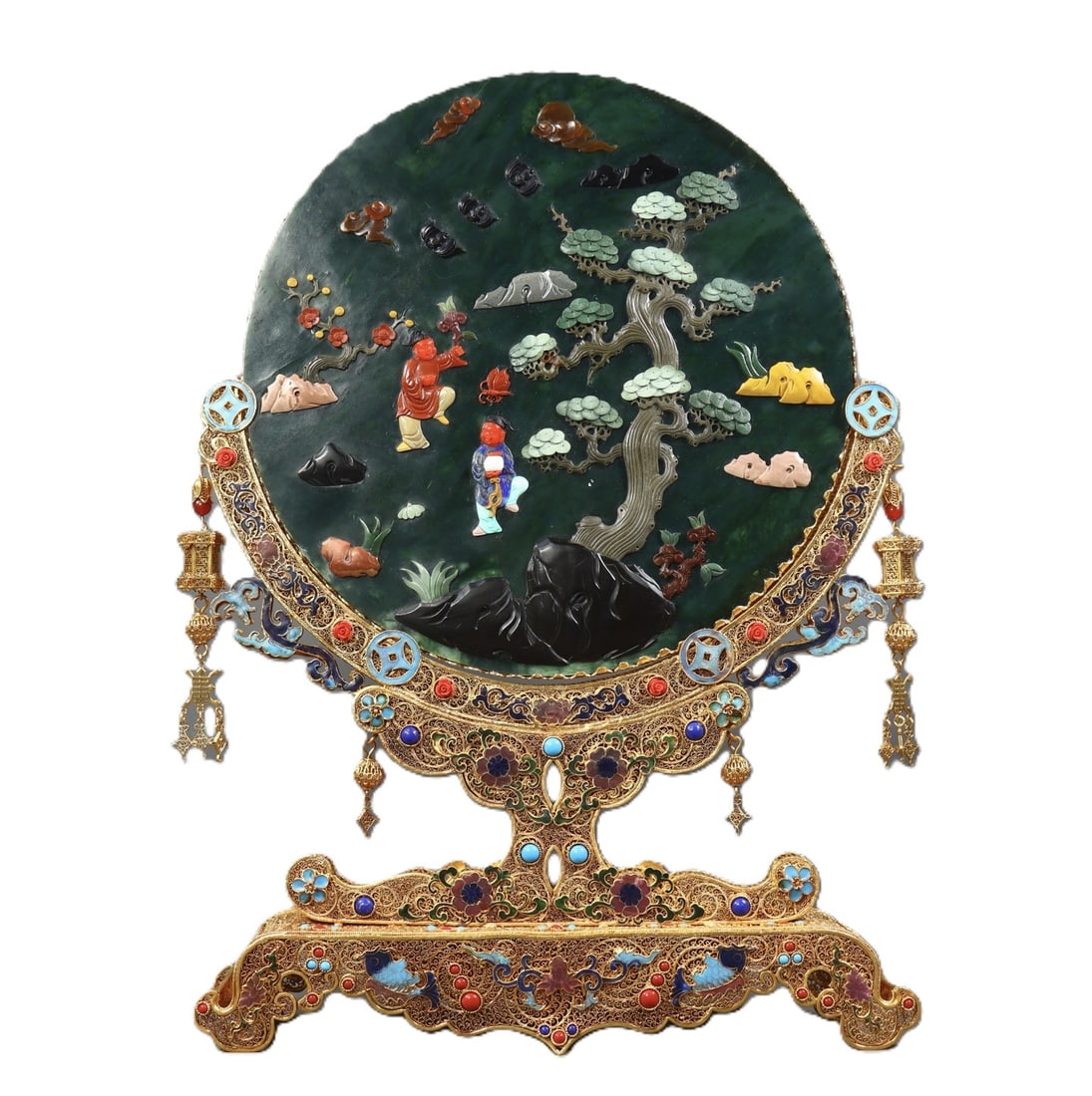 An Exquisite Filigree and Gilding Inlaid Jasper Character and Story Pattern Screen,Inlaid Gems: An Exquisite Filigree and Gilding Inlaid Jasper Character and Story Pattern Screen,Inlaid Gems,Qing Dynasty,China,Qianlong Four-character Mark,Size:16.9inx13inx2.4in,Weight:2850g 花丝Ź