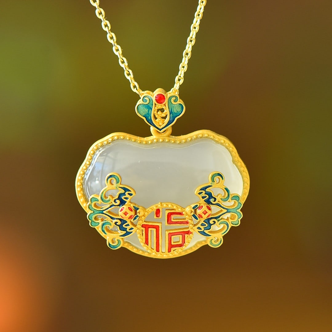 An Exquisite Sterling Silver-Gold Plated Inlaid White Jade Enamel Pendant: An Exquisite Sterling Silver-Gold Plated Inlaid White Jade Enamel Pendant 纯银镀金镶白玉珐琅吊坠