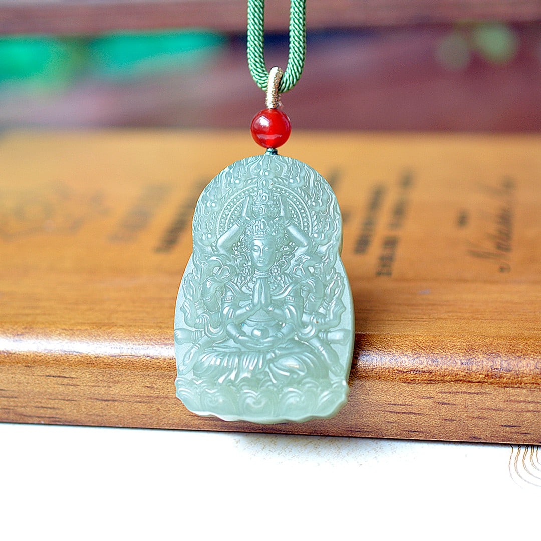 An Exquisite Greenish Jade Statue of Avalokitesvara Pendant: An Exquisite Greenish Jade Statue of Avalokitesvara Pendant,Size:1.4inx2.1in 青玉观音像挂件