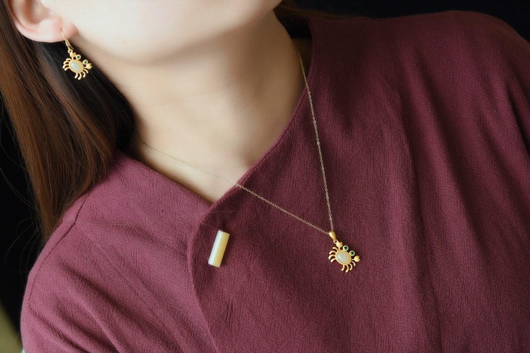 A Set of Fine Sterling Silver-Gold Plated Inlaid White Jade Jewelrys: A Set of Fine Sterling Silver-Gold Plated Inlaid White Jade Jewelrys,Size:(Pendant)0.3inx0.4in,(Earrings)0.2inx0.3in 一套纯银镀金镶白玉首