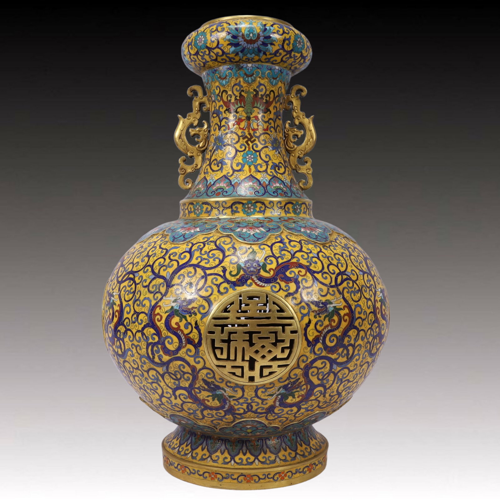 A Huge Cloisonne Hollow Lotus and Dragon Pattern Dragon-Ears Vase: A Huge Cloisonne Hollow Lotus and Dragon Pattern Dragon-Ears Vase,Qing Dynasty, China,Qianlong Six-character Mark,Size:13.8inx17.7in,Weight:10500g 景泰蓝镂空缠ĉ