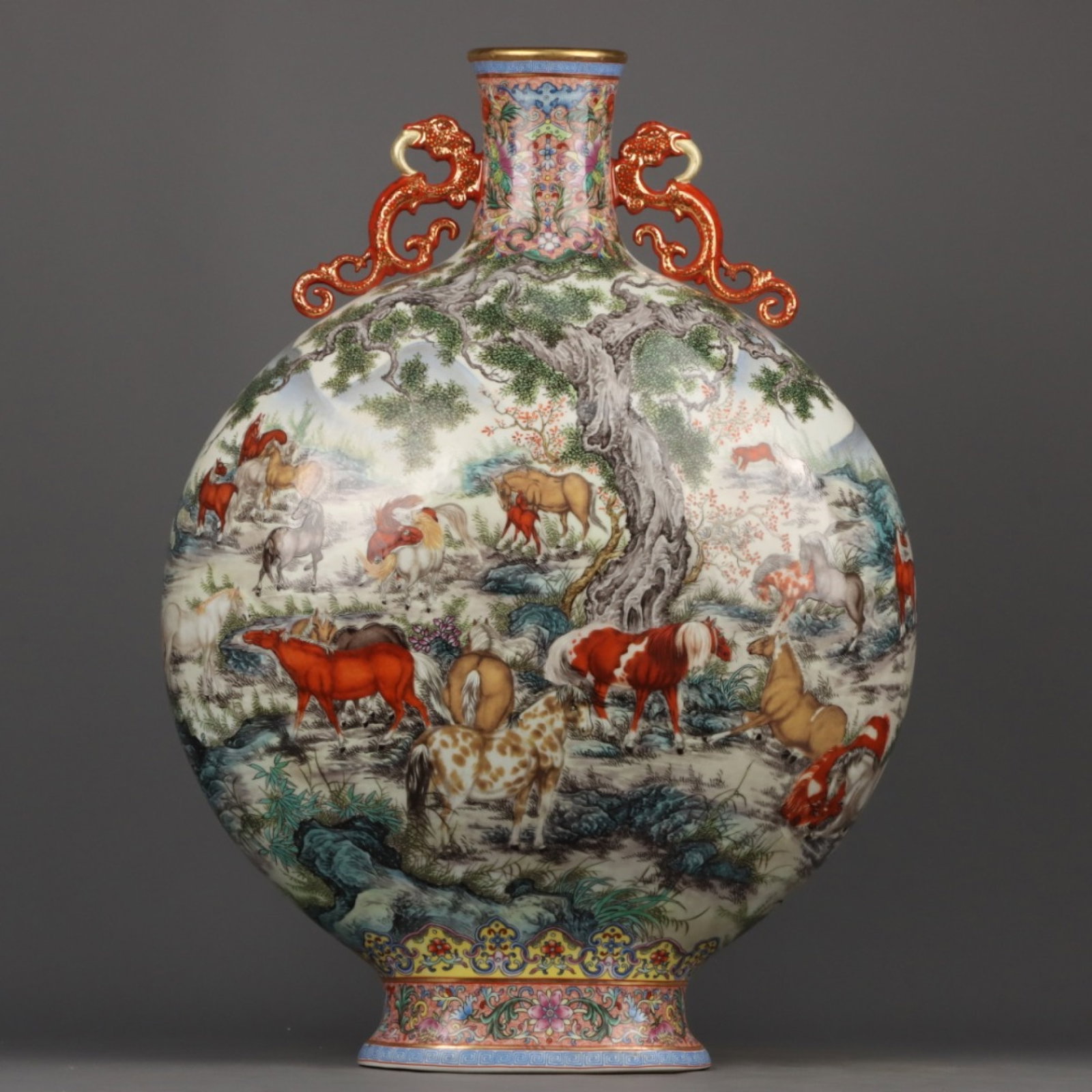A Huge Famille-Rose Horse Pattern Double-Ears Vase: A Huge Famille-Rose Horse Pattern Double-Ears Vase,Qing Dynasty,China,Qianlong Four-character Mark,Size:21.7inx16.1in 粉彩骏马纹双耳瓶,中国&