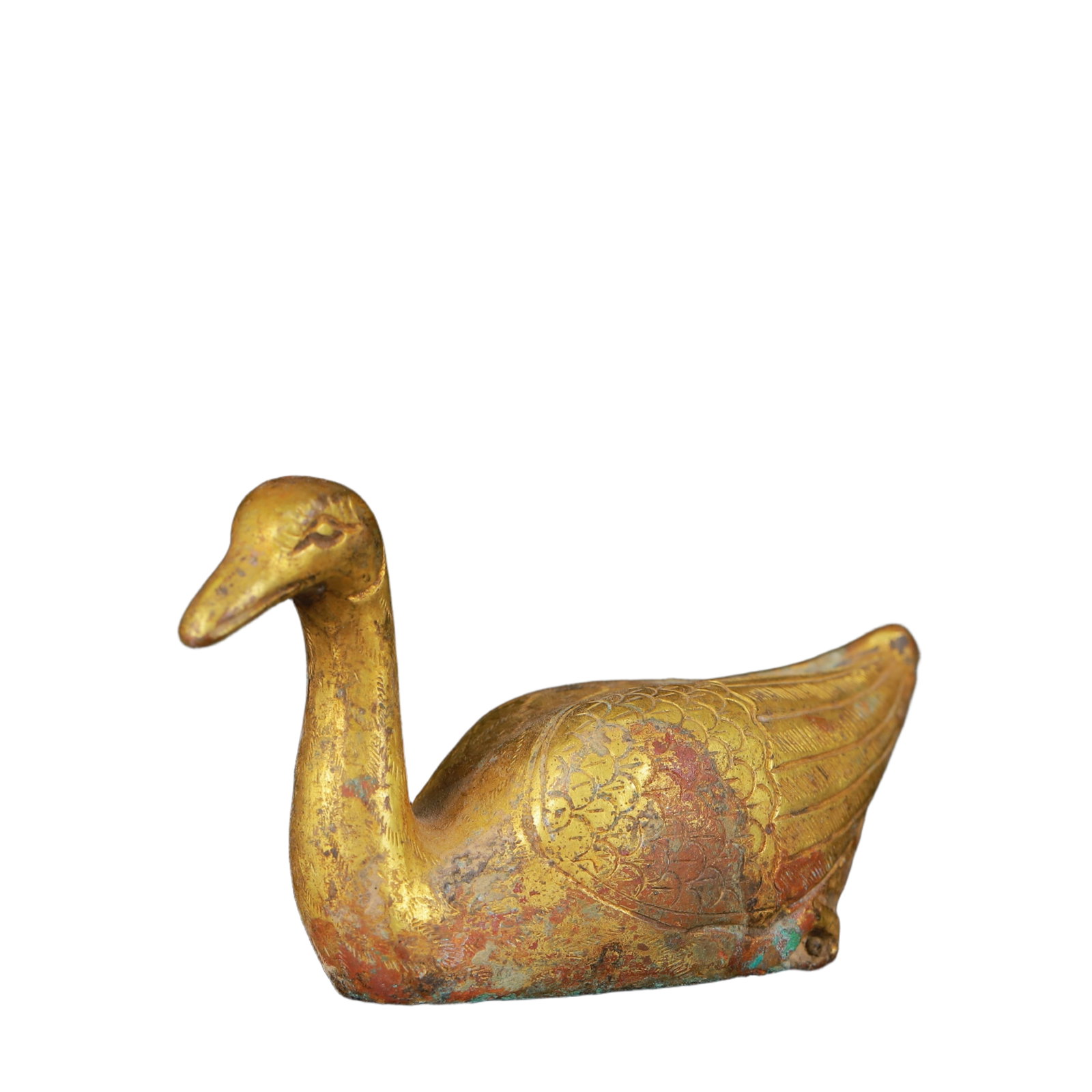 An Exquisite Gilt Bronze Mandarin Duck Ornament: An Exquisite Gilt Bronze Mandarin Duck Ornament,Qing Dynasty,China,Size:2.8inx1inx1.6in,Weight:66g 铜鎏金鸳鸯摆件,中国清代