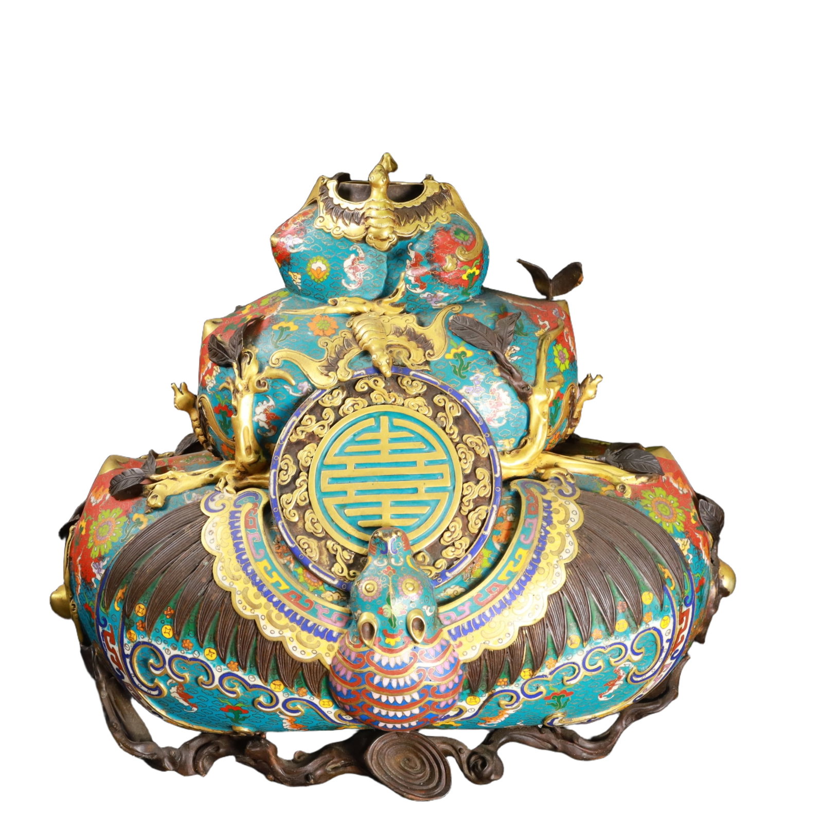 An Exquisite Cloisonne Bats and Peach Pattern Gourd-Shaped Vase: An Exquisite Cloisonne Bats and Peach Pattern Gourd-Shaped Vase,Qing Dynasty,China,Qianlong Four-character Mark,Size:15inx18.5inx11.8in,Weight:15050g 景泰蓝福寿纹&#