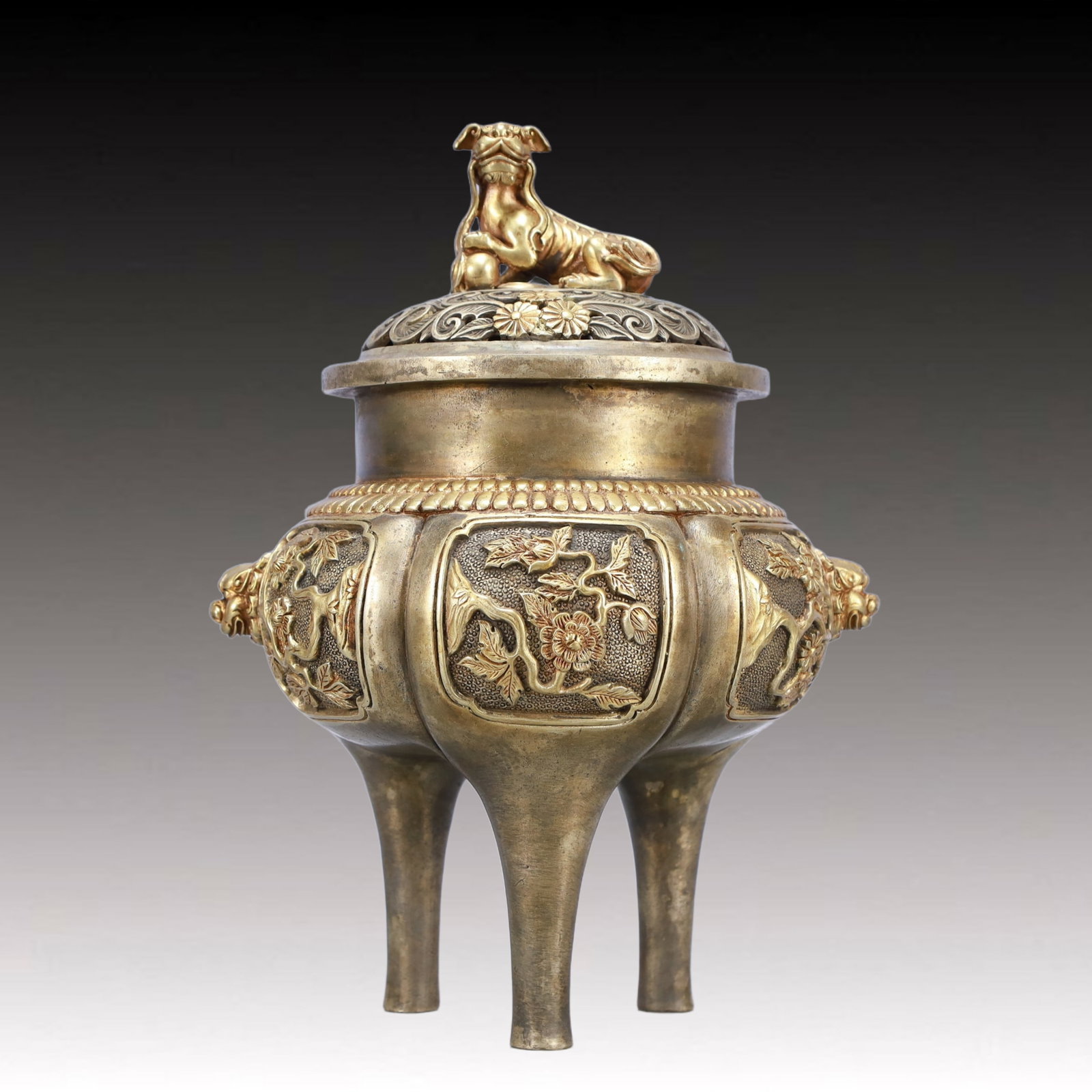 A Rare Gilt Silver Flower Pattern Beast-Ears and Tripod Censer: A Rare Gilt Silver Flower Pattern Beast-Ears and Tripod Censer,Qing Dynasty, China,Qianlong Six-character Mark,Size:7.9inx10.6in,Weight:4600g 银鎏金花卉纹兽&#