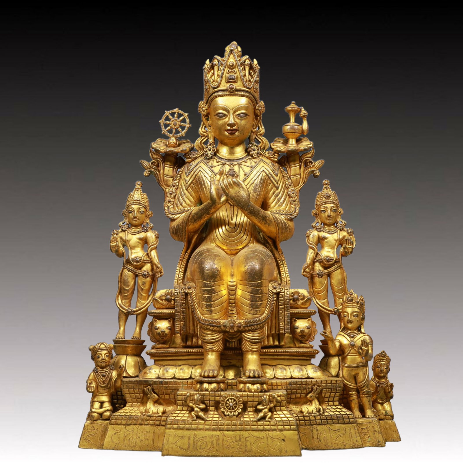 A Solemn Gilt BronzeStatue of Maitreya Buddha, With Inscription: A Solemn Gilt BronzeStatue of Maitreya Buddha, With Inscription, Ming Dynasty, China, Size:17.7inx9.1inx21.3in, Weight:20850g 铜鎏金弥勒佛像,带铭&