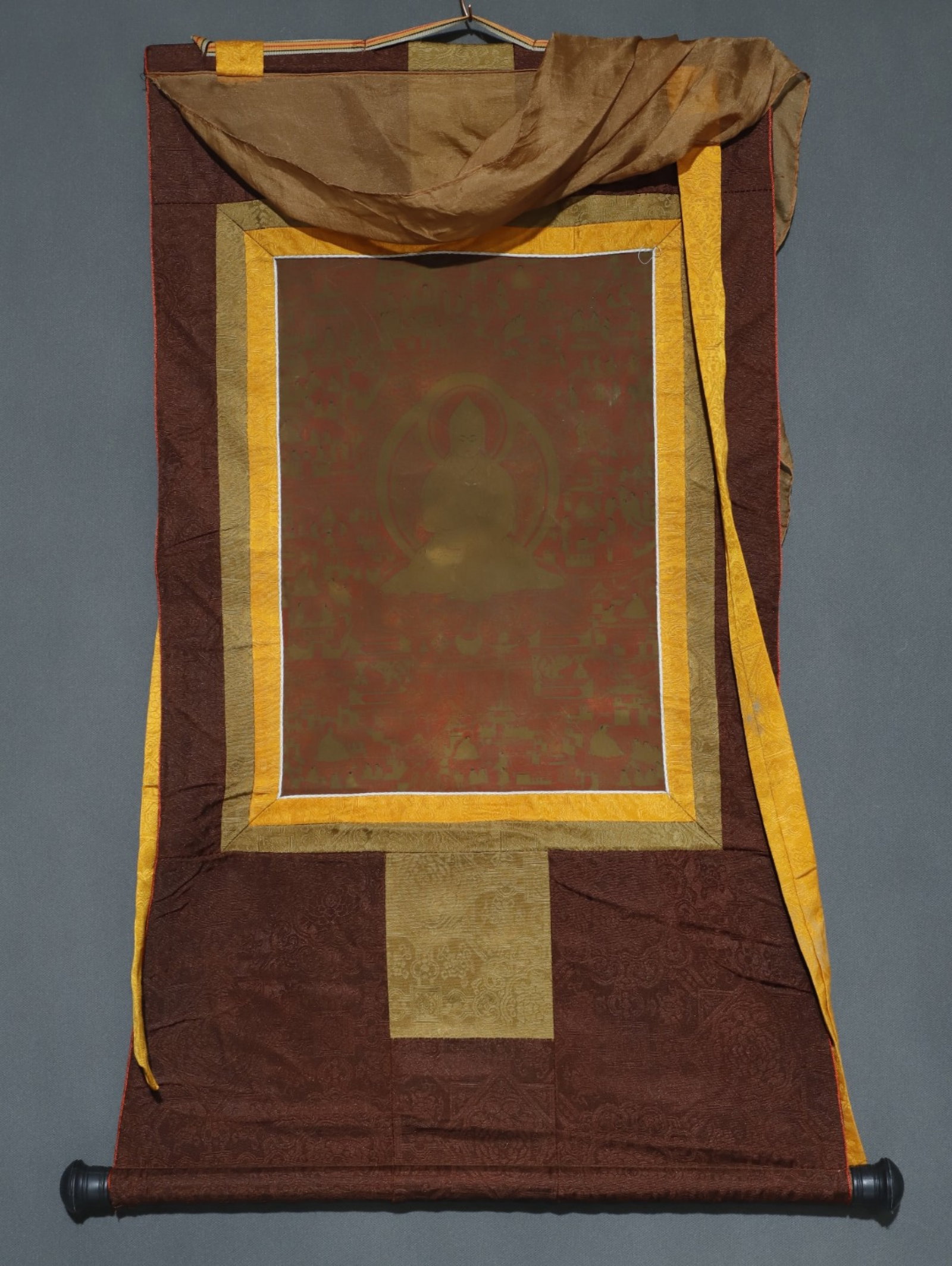 A Rare Brocade Painted Color Statue of Tsongkhapa Tangka: A Rare Brocade Painted Color Statue of Tsongkhapa Tangka,Qing Dynasty, China,Size:34.6inx18.1in,(Without frame)16.5inx11in