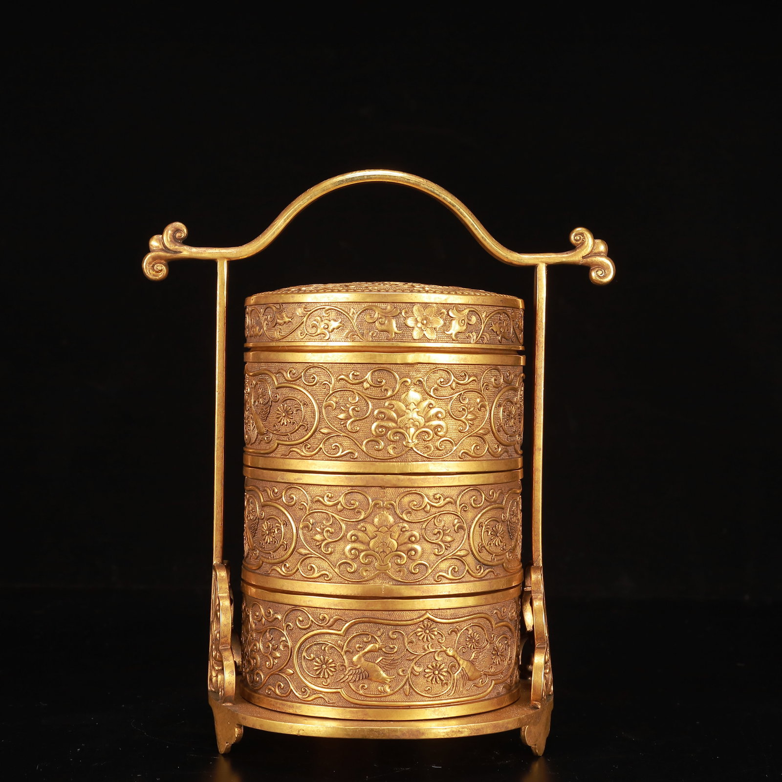 A Rare Gilt Bronze Flower and Crane Pattern Box: A Rare Gilt Bronze Flower and Crane Pattern Box,Qing Dynasty, China,Size:8.3inx6.7inx14.2in,Weight:2950g