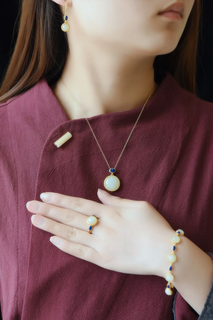A Set of Fine Sterling Silver-Gold Plated Inlaid White Jade Jewelrys: A Set of Fine Sterling Silver-Gold Plated Inlaid White Jade Jewelrys,Size:(Pendant)0.6inx0.6in,(Earrings)0.3inx0.3in,(Ring)0.4inx0.4in,(Bracelet)0.3inx0.3in 一套纯银镀