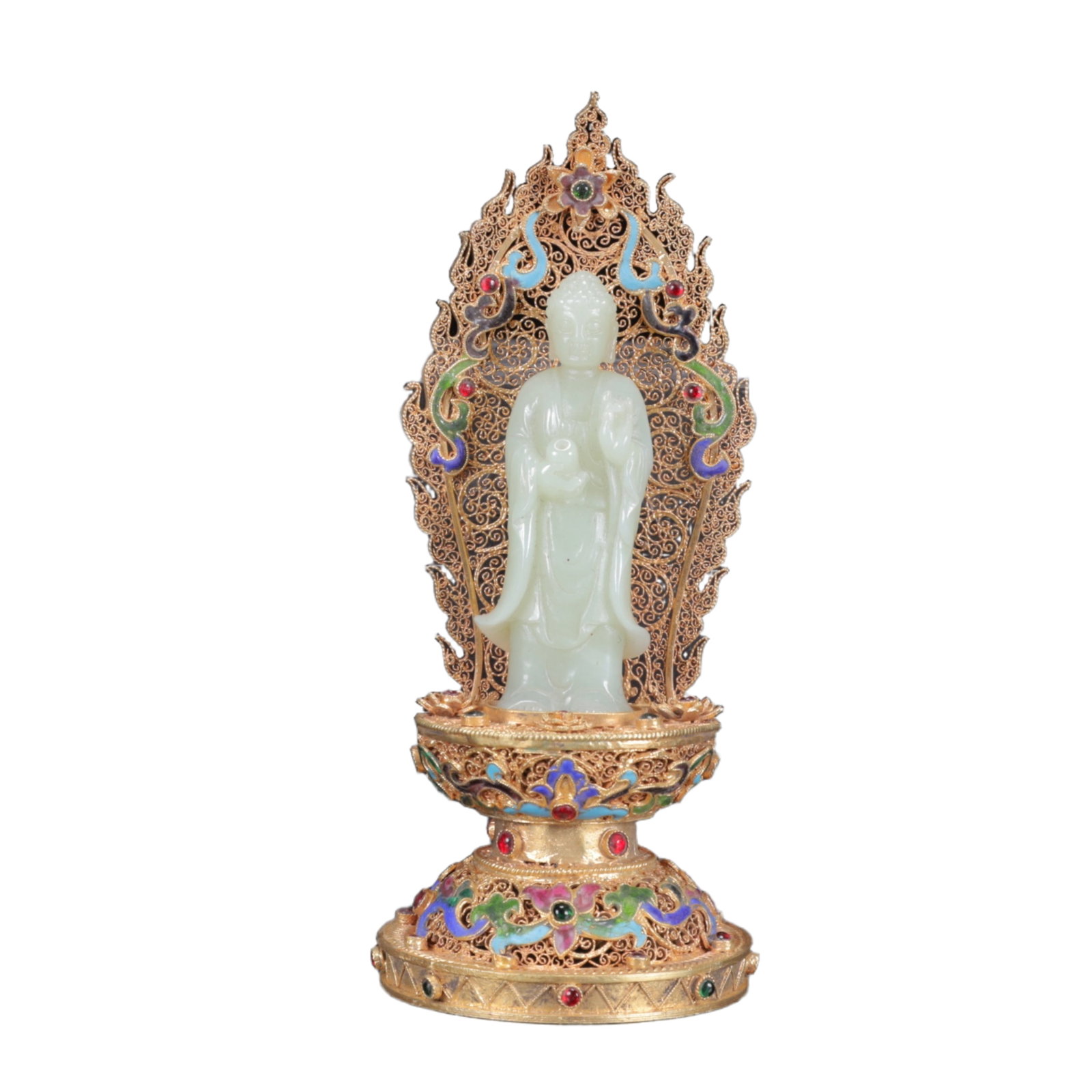 An Exquisite Filigree and Gilding Bronze Inlaid White Jade Statue of Sakyamuni,Inlaid White Jade: An Exquisite Filigree and Gilding Bronze Inlaid White Jade Statue of Sakyamuni,Inlaid Gems,Qing Dynasty,China,Qianlong Four-Character Mark,Size:(Buddha Statue)3.3inx10.6in,(Box)10.6inx6.9inx5.9in,Weig