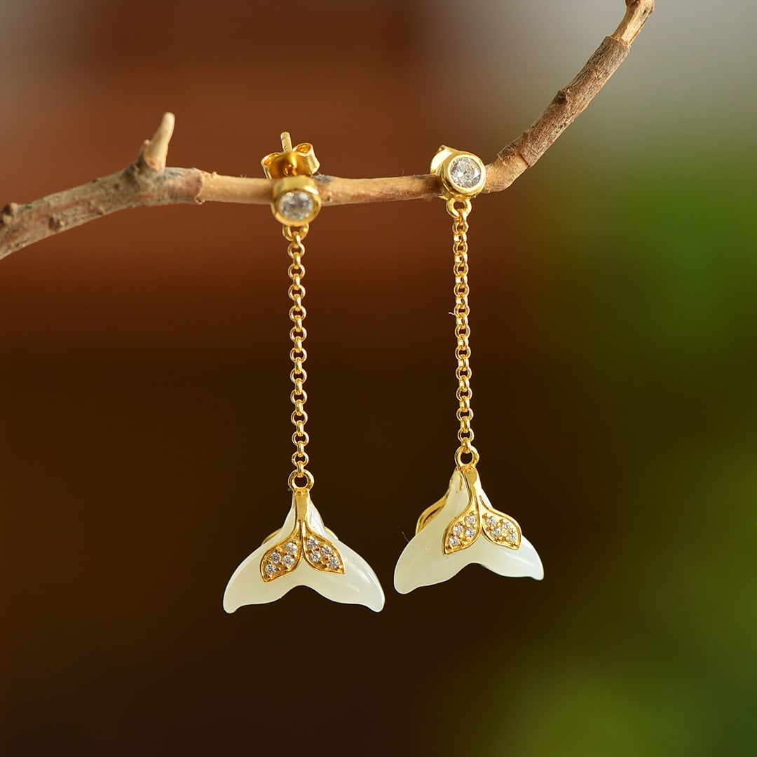 A Pair of Exquisite Sterling Silver-Gold Plated Inlaid White Jade Earrings: A Pair of Exquisite Sterling Silver-Gold Plated Inlaid White Jade Earrings, 一对纯银镀金镶白玉耳环