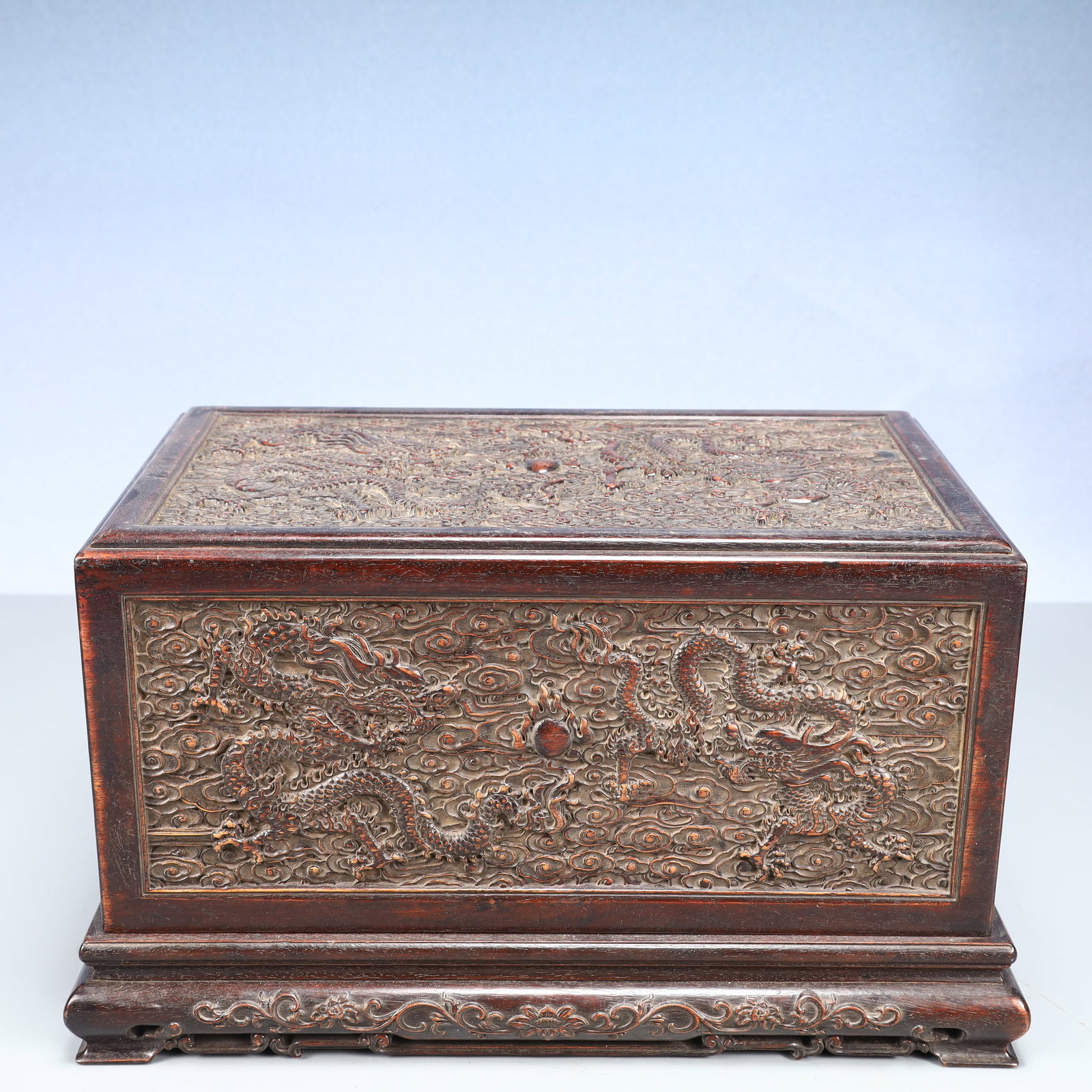 A Rare Zitanwood Auspicious Cloud and Dragon Pattern Ornament,With Poem: A Rare Zitanwood Auspicious Cloud and Dragon Pattern Ornament,With Poem,Qing Dynasty, China,Qianlong Mark,Size:13.8inx8.7inx7.7in,Weight:4100g
