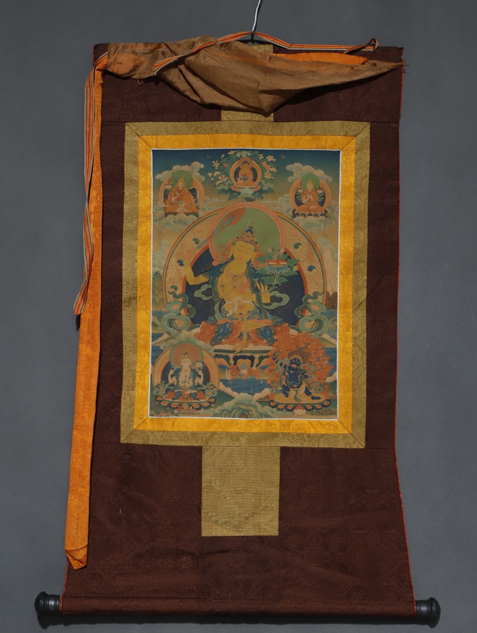 A Rare Brocade Painted Color Statue of Manjusri Tangka: A Rare Brocade Painted Color Statue of Manjusri Tangka,Qing Dynasty, China,Size:34.6inx18.1in,(Without frame)16.5inx11in