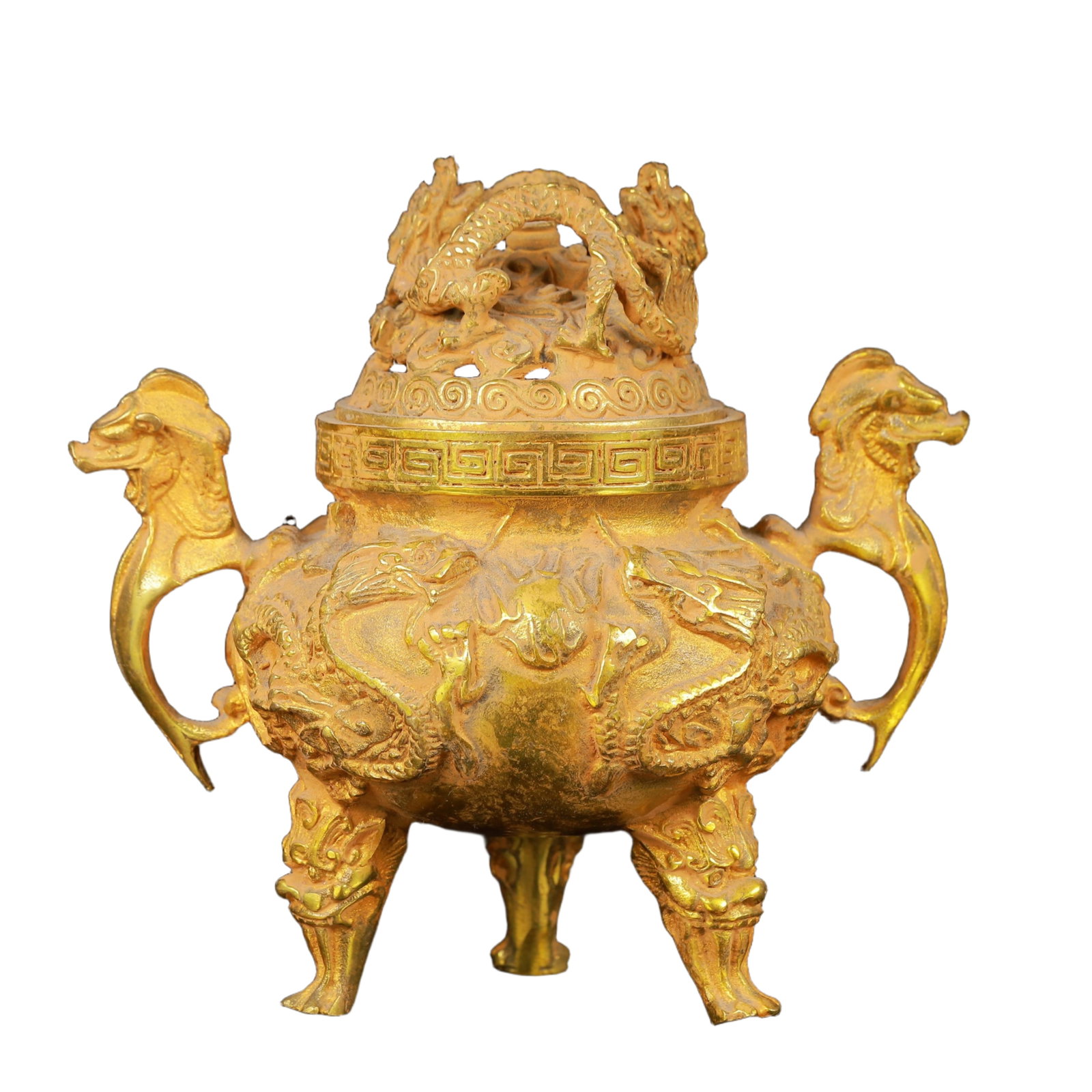 An Exquisite Gilt Bronze Dragon Pattern Beast-Ears Tripod Censer: An Exquisite Gilt Bronze Dragon Pattern Beast-Ears Tripod Censer,Ming Dynasty,China,Xuande Four-Character Mark,Size:5.9inx5.5in,Weight:680g