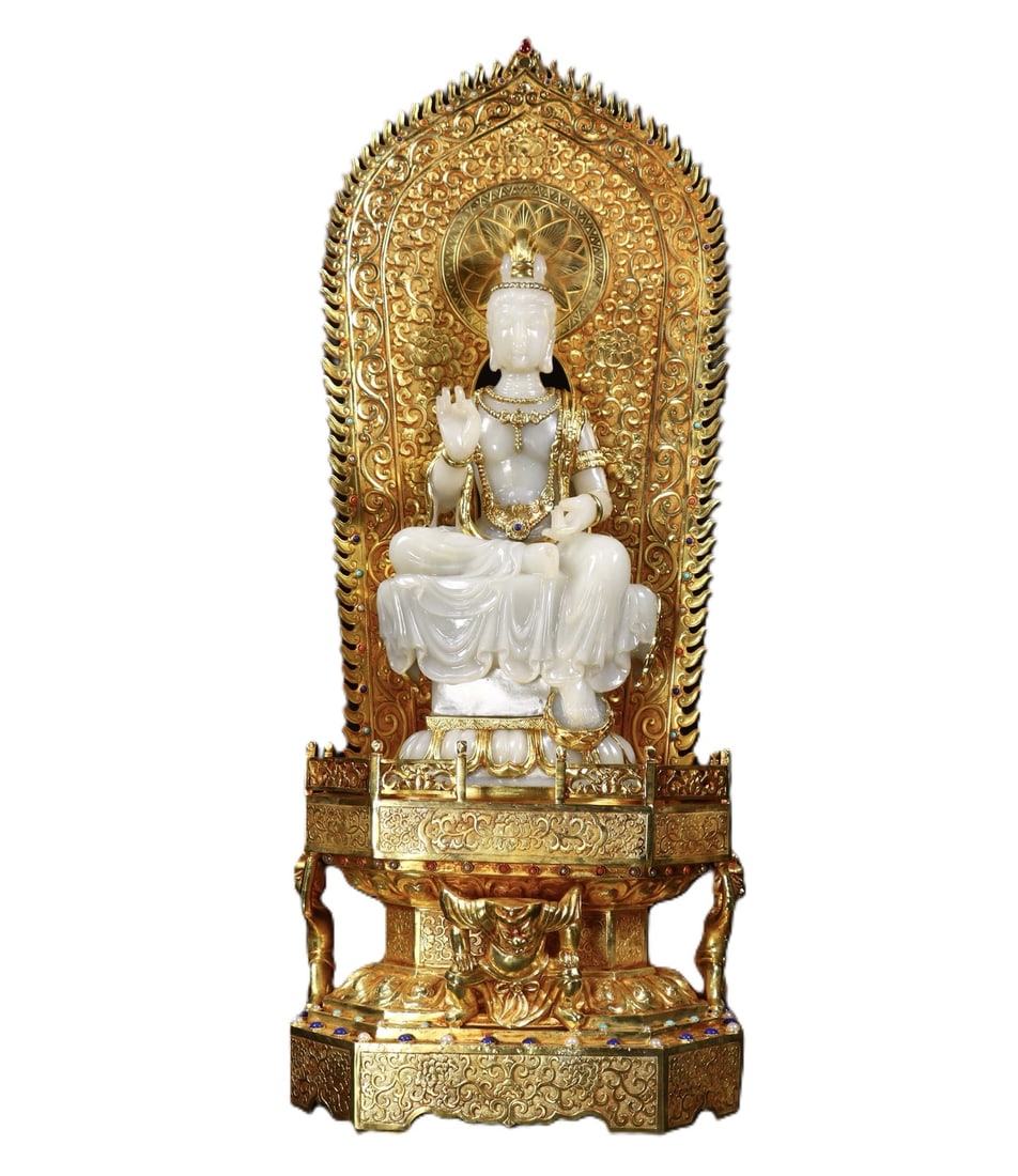 An Exquisite Gilt Bronze Inlaid White Jade Statue of Sakyamuni: An Exquisite Gilt Bronze Inlaid White Jade Statue of Sakyamuni,Qing Dynasty,China,Qianlong Four-character Mark,Size:26.4inx10.2inx7.1in,Weight:14490g 铜鎏金嵌白玉&#