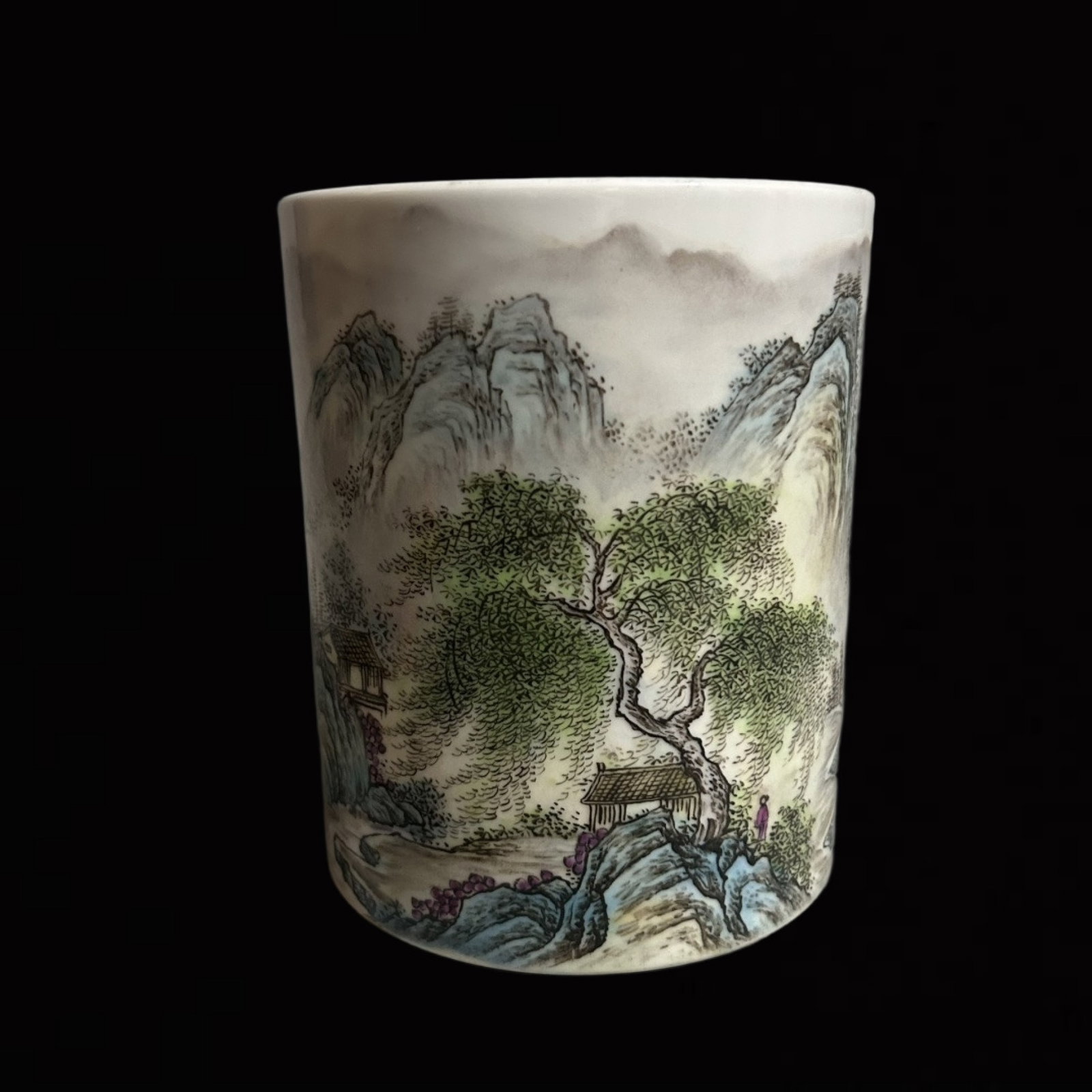 An Exquisite Famille-Rose Landscape Pattern Brush Pot: An Exquisite Famille-Rose Landscape Pattern Brush Pot,Qing Dynasty,China,Size:6inx4.9in 粉彩山水纹笔筒,中国清代