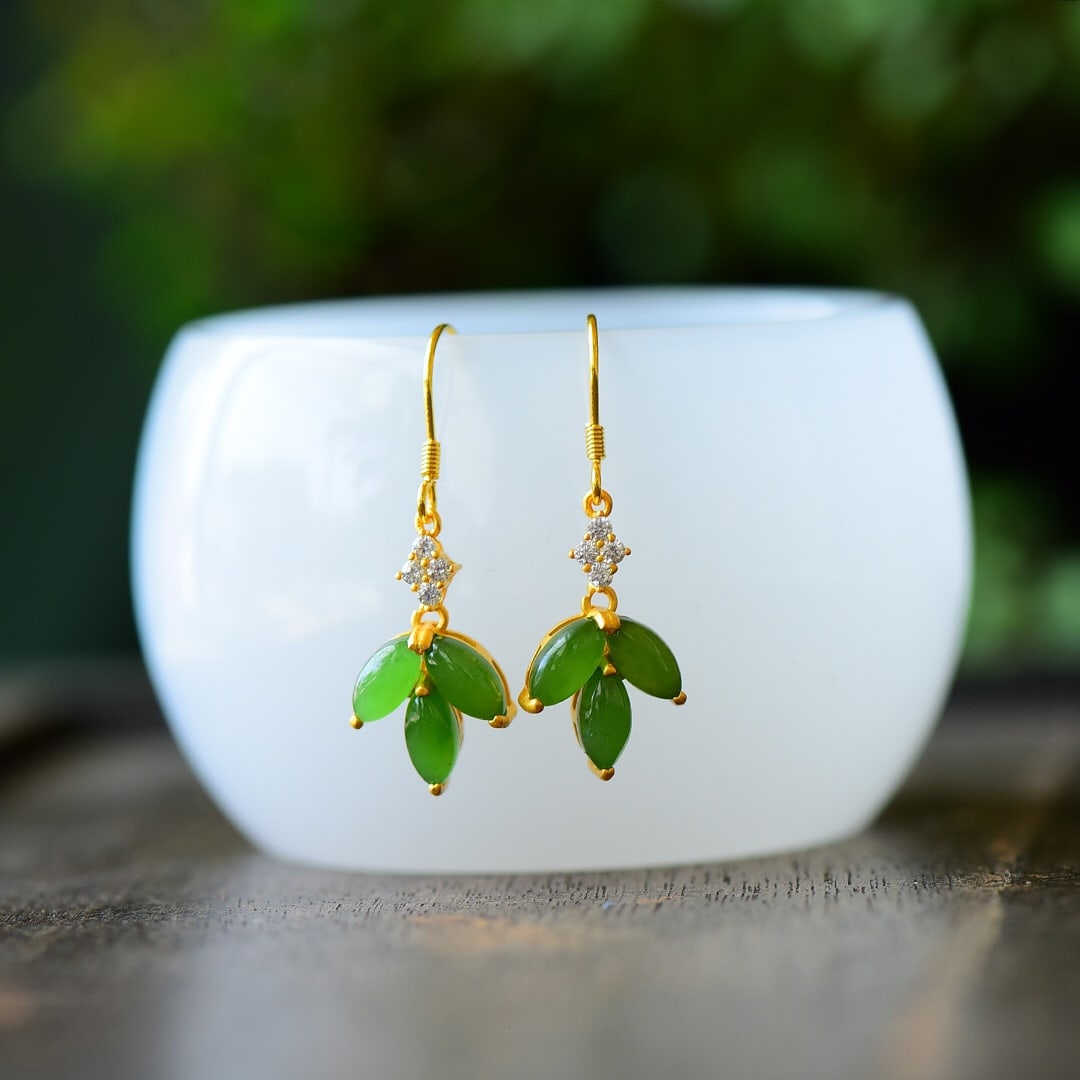 A Pair of Exquisite Sterling Silver-Gold Plated Inlaid Jasper Earrings,Inlaid Diamond: A Pair of Exquisite Sterling Silver-Gold Plated Inlaid Jasper Earrings,Inlaid Diamond,Size:0.5inx1.4in 一对纯银镀金镶碧玉耳环,嵌