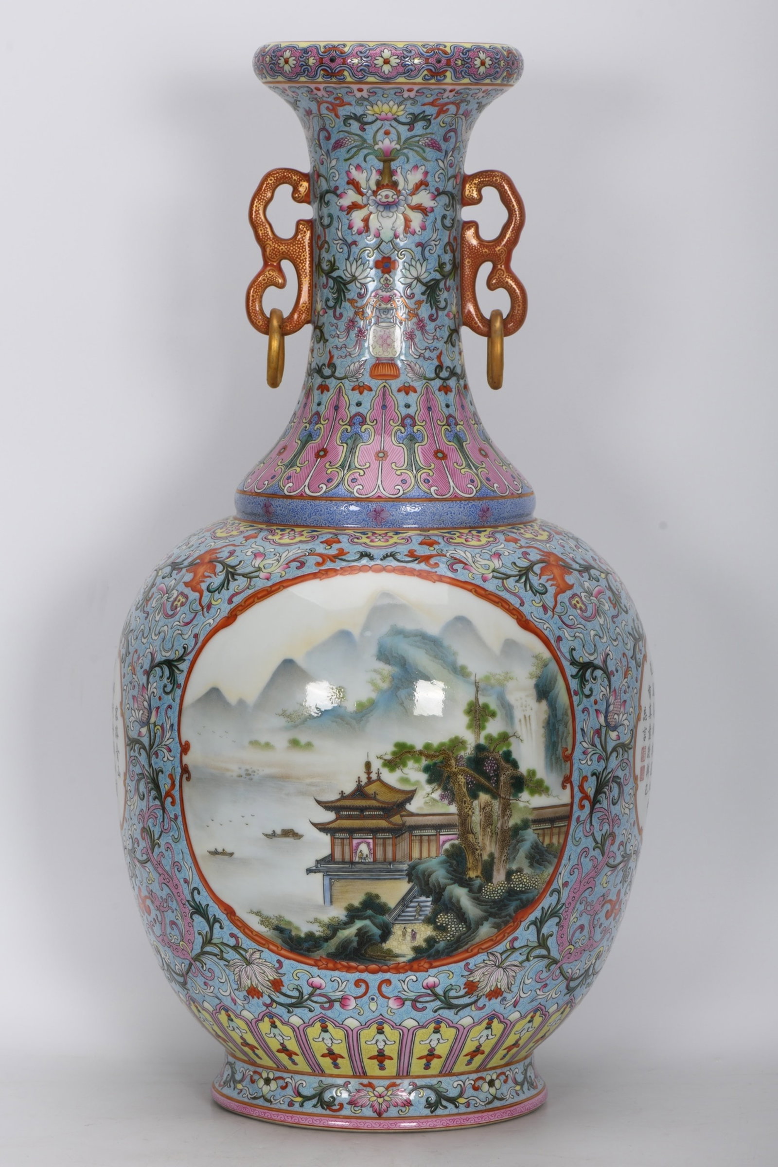 A Huge Enamel Landscape Pattern Double-Ears Vase,with poem: A Huge Enamel Landscape Pattern Double-Ears Vase,with poem,Qing Dynasty,China,Qianlong Four-character Mark,Size:21.3inx10.8in