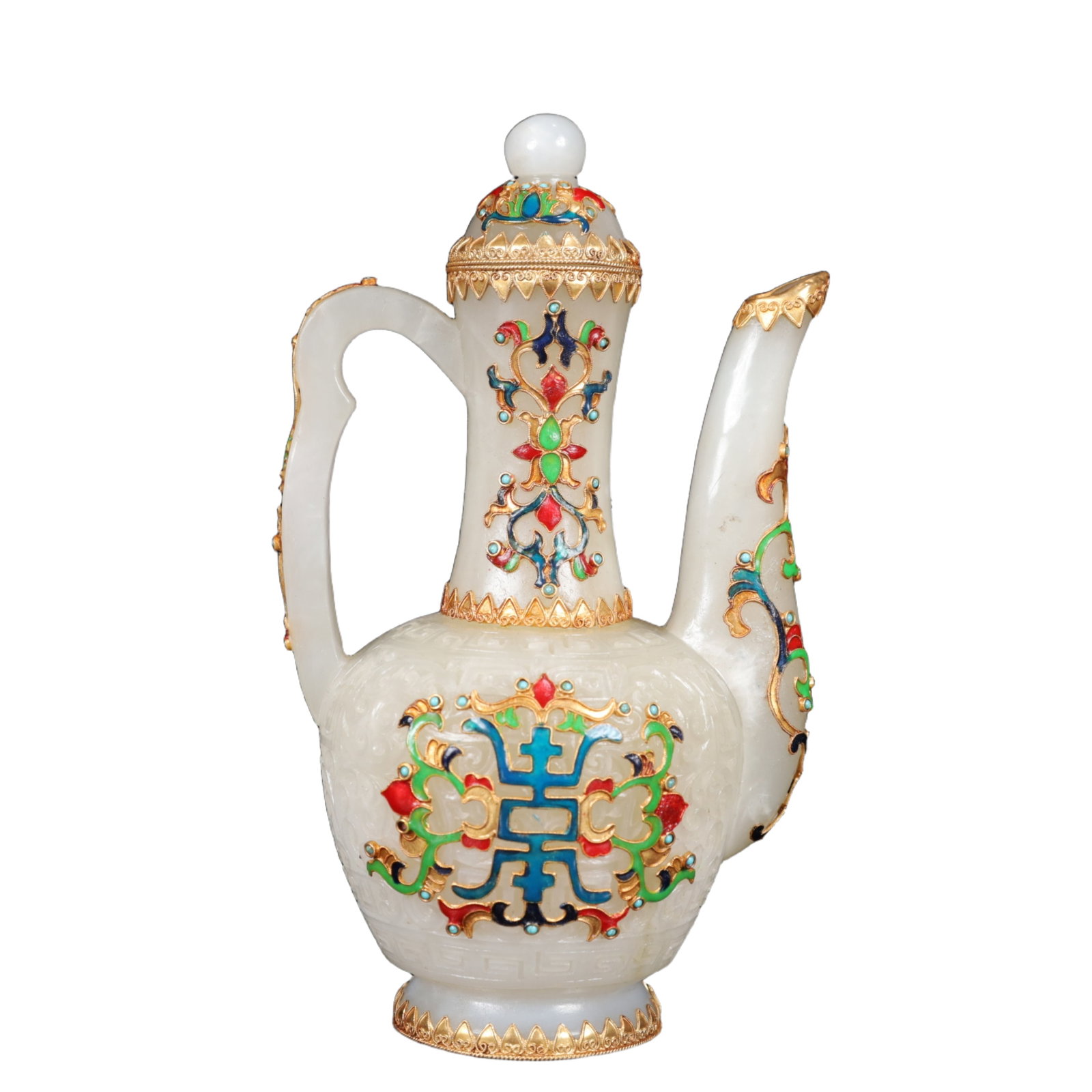 An Exquisite White Jade Inlaid Gems Bats and Peach Pattern Ewer: An Exquisite White Jade Inlaid Gems Bats and Peach Pattern Ewer,Qing Dynasty,China,Size:4.3inx3.5inx7.9in,Weight:750g 白玉嵌百宝福寿纹执壶,&