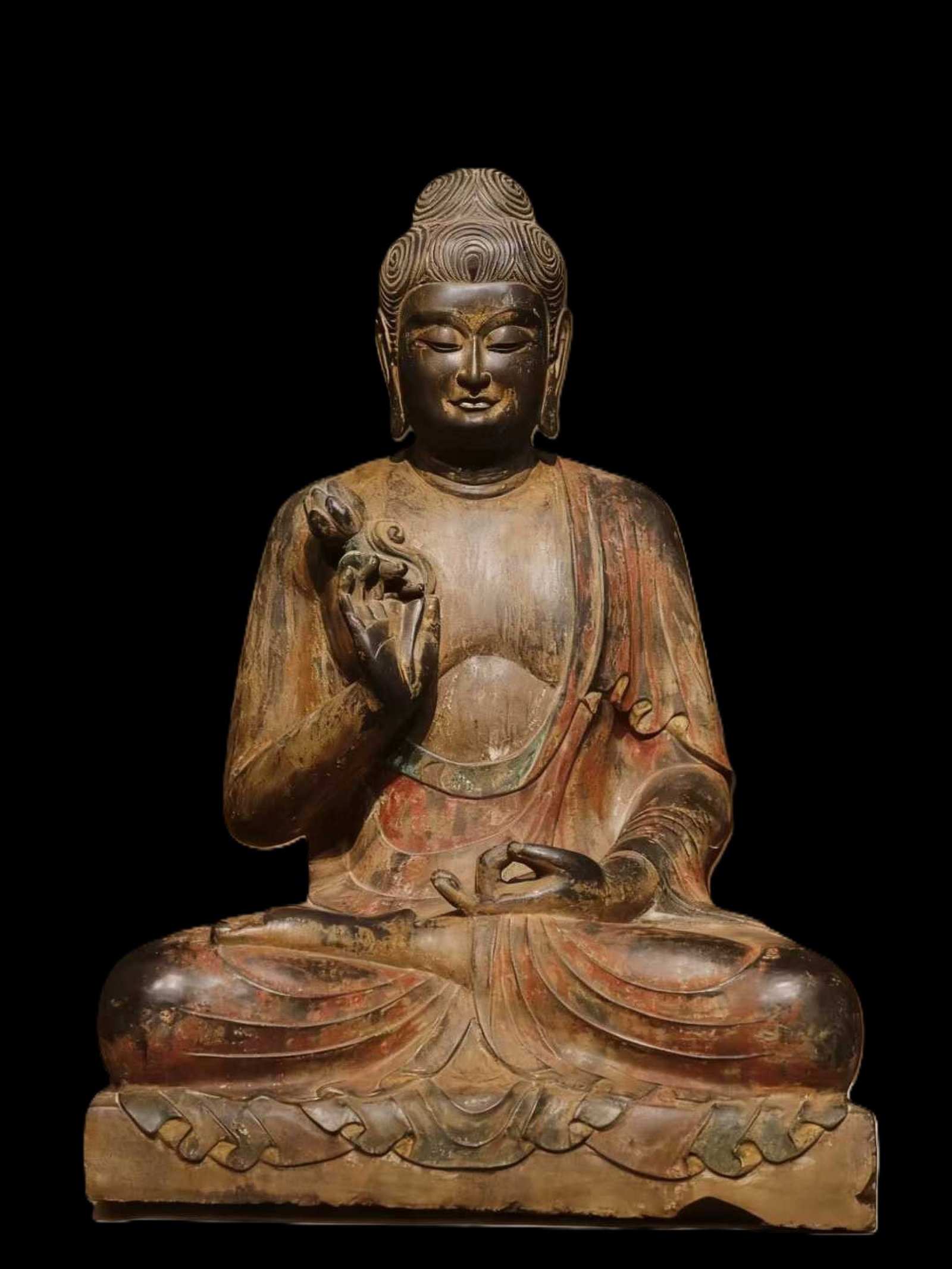 A Solemn Limestone Painted Color Statue of Sakyamuni: A Solemn Limestone Painted Color Statue of Sakyamuni,Tang Dynasty,China,Size:26.4inx18.5inx13.8in 青石彩绘释迦摩尼像,中国唐É