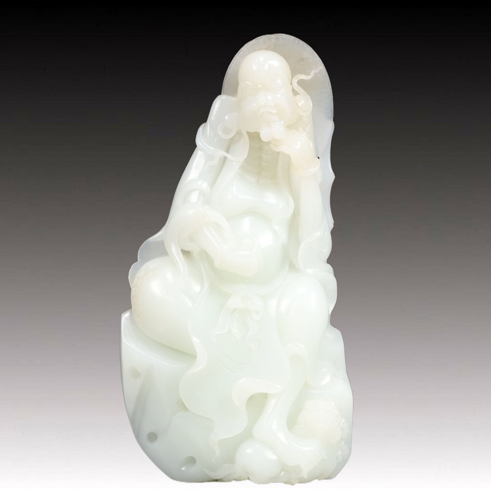 An Exquisite White Jade Statue of Dharma: An Exquisite White Jade Statue of Dharma, Qing Dynasty, China,Size:3.7inx1.6inx7.3in,Weight:700g 白玉达摩像, 中国清代