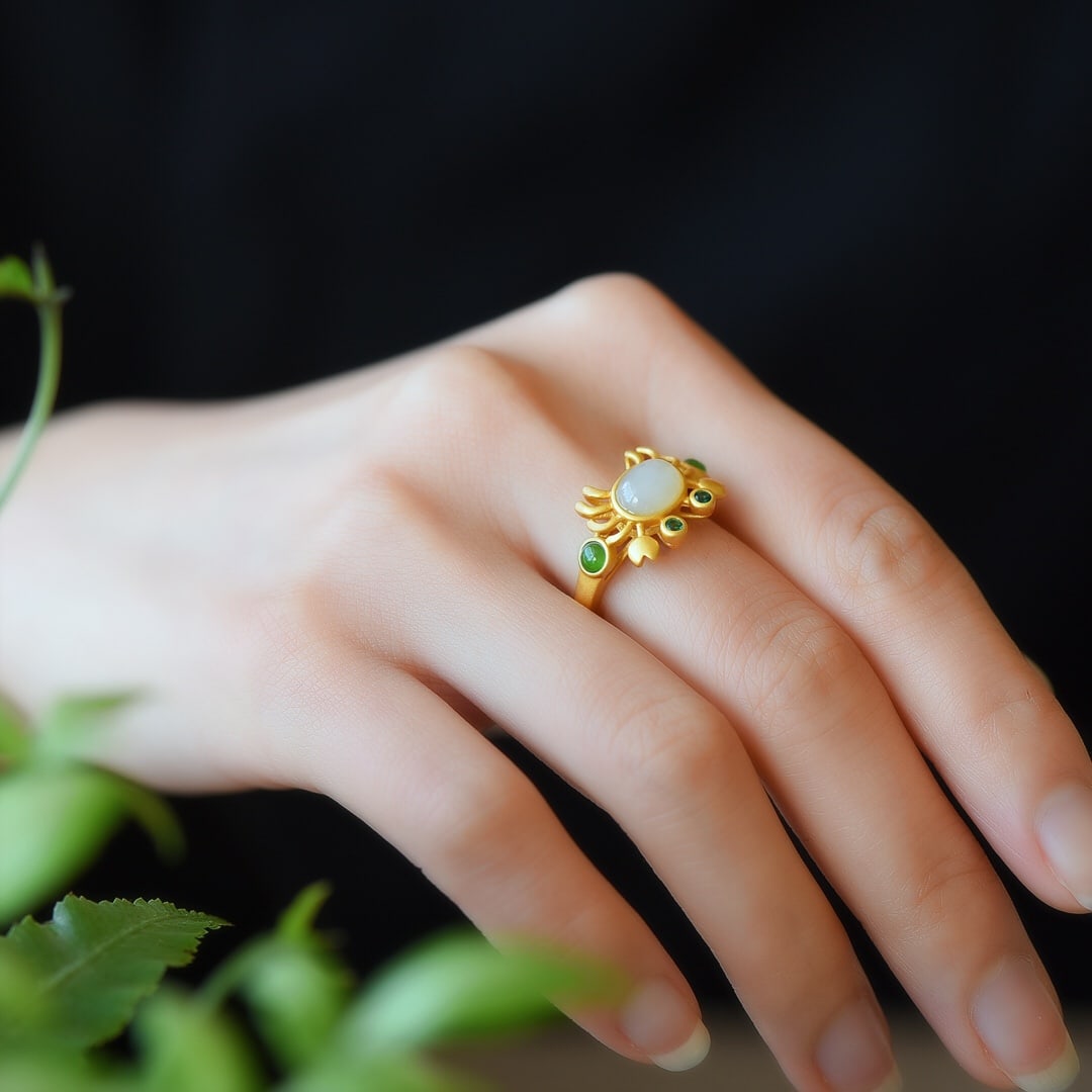 An Exquisite Sterling Silver-Gold Plated Inlaid White Jade Ring: An Exquisite Sterling Silver-Gold Plated Inlaid White Jade Ring,Size:0.2inx0.3in 纯银镀金镶白玉戒指