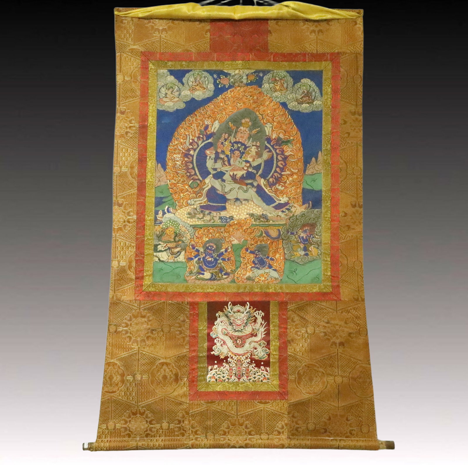 A Rare Brocade Painted Color Statue of Yamantaka Tangka: A Rare Brocade Painted Color Statue of Yamantaka Tangka,Qing Dynasty, China,Size:37.8inx61in 织锦彩绘大威德金刚像唐卡,中&#