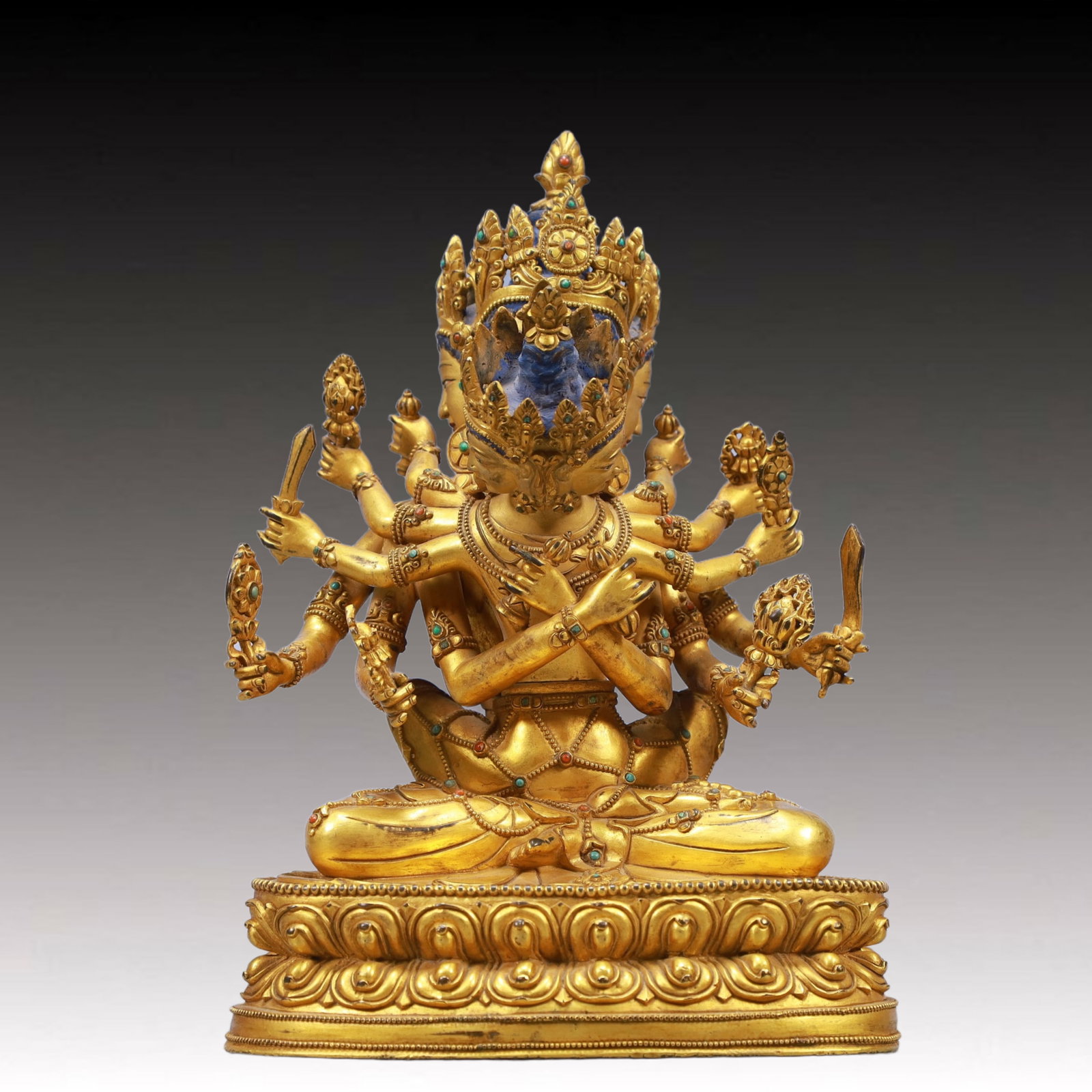 A Solemn Gilt Bronze Inlaid Gems Statue of Mandkesvara: A Solemn Gilt Bronze Inlaid Gems Statue of Mandkesvara,Ming Dynasty, China,Size:6.3inx4.5inx9.4in Weight:2950g 铜鎏金嵌宝石欢喜佛像,中