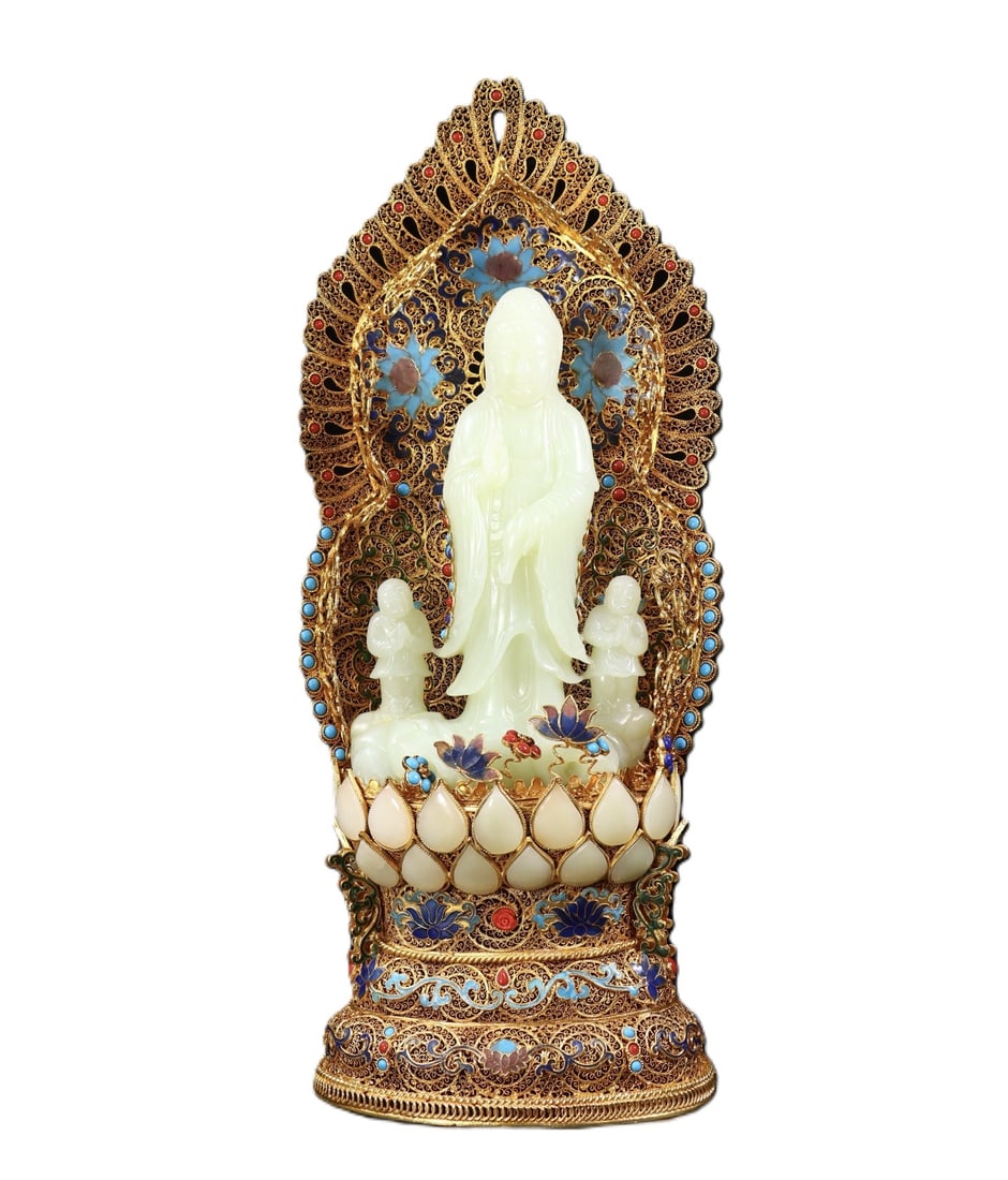 An Exquisite Filigree and Gilding Inlaid White Jade Statue of Avalokitesvara,Inlaid Gems: An Exquisite Filigree and Gilding Inlaid White Jade Statue of Avalokitesvara,Inlaid Gems,Qing Dynasty,China,Qianlong Four-character Mark,Size:15.7inx6.3inx3.9in,Weight:1913g 花丝鎏&#