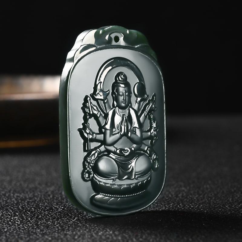 An Exquisite Cyan jade Statue of Thousand-Hand Avalokitesvara Pendant: An Exquisite Cyan jade Statue of Thousand-Hand Avalokitesvara Pendant,Size:2.1inx1.4inx0.3in 青玉千手观音像挂件