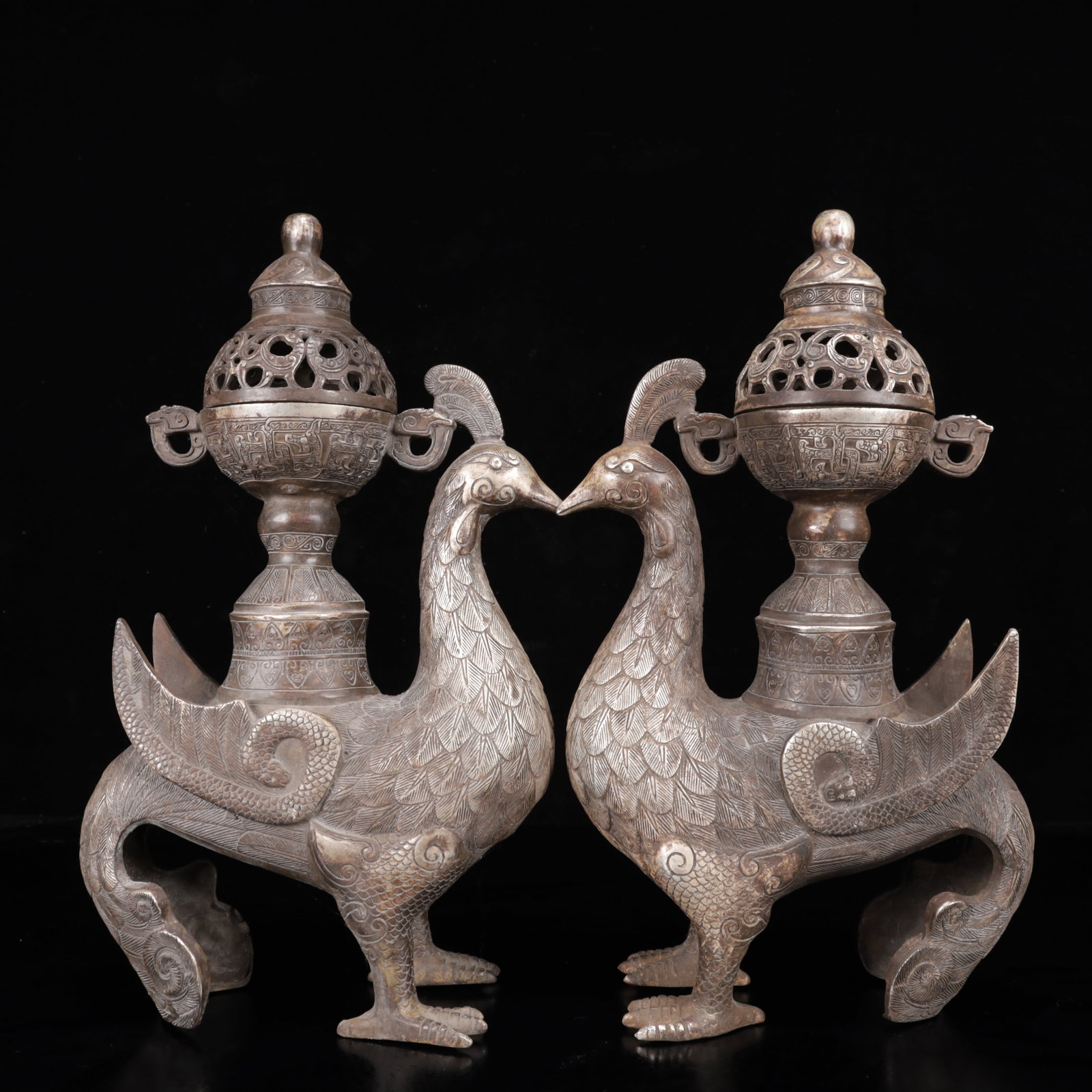 A Pair of Exquisite Silver-Plated Bronze Phoenix Censers (1 of 15)