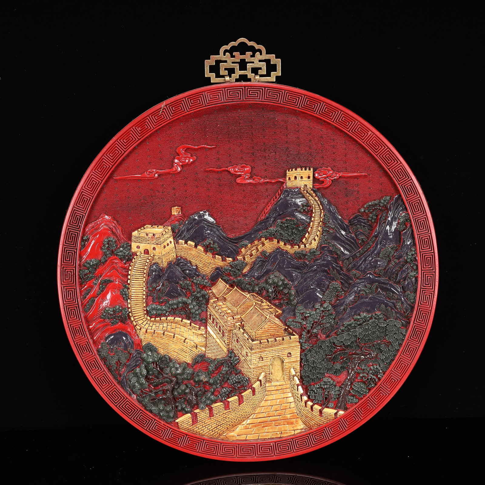 A Huge Carved Red Lacquer Painted Color Landscape Pattern Hanging Panel: A Huge Carved Red Lacquer Painted Color Landscape Pattern Hanging Panel,Qing Dynasty, China,Qianlong Four-character Mark,Size:18.1inx16.5inx1.2in,Weight:2500g 剔红漆器彩&