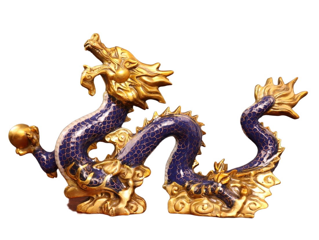An Exquisite Gilt Bronze Cloisonne Dragon Ornament: An Exquisite Gilt Bronze Cloisonne Dragon Ornament,Qing Dynasty,China,Size:10.2inx17.5inx3.5in,Weight:3330g