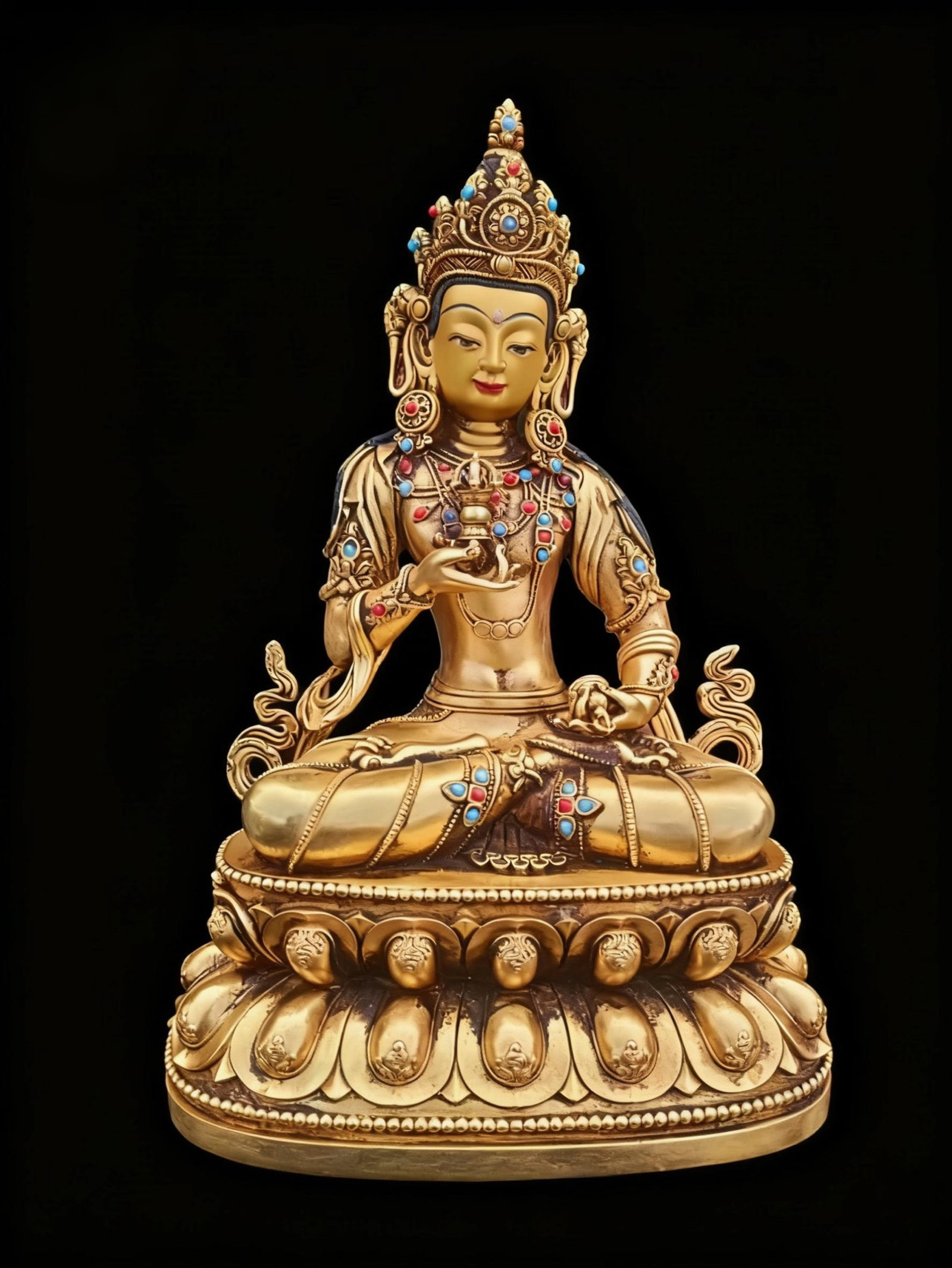 A Rare Gilt Bronze Inlaid Gems Statue of Vajrasattva: A Rare Gilt Bronze Inlaid Gems Statue of Vajrasattva,Qing Dynasty, China,Size:8.9inx6.2inx4.1in,Weight:1577g 铜鎏金嵌宝石金刚萨陲像,&#