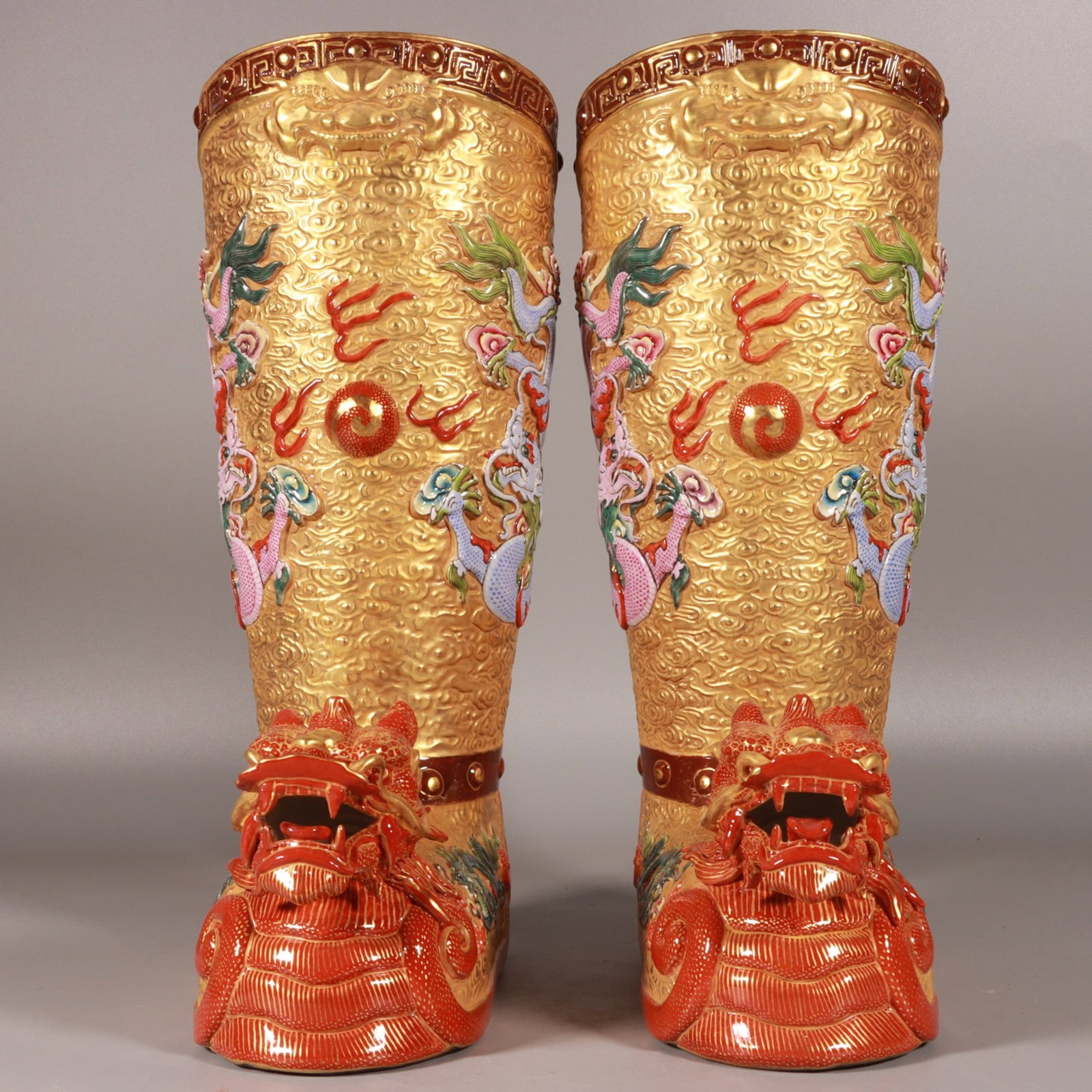 A Pair of Rare Gold Ground Enamel Auspicious Cloud and Dragon Pattern Boots: A Pair of Rare Gold Ground Enamel Auspicious Cloud and Dragon Pattern Boots,Qing Dynasty,China,Qianlong Six-character Mark,Size:12.3inx7.9in 一对金地珐琅彩